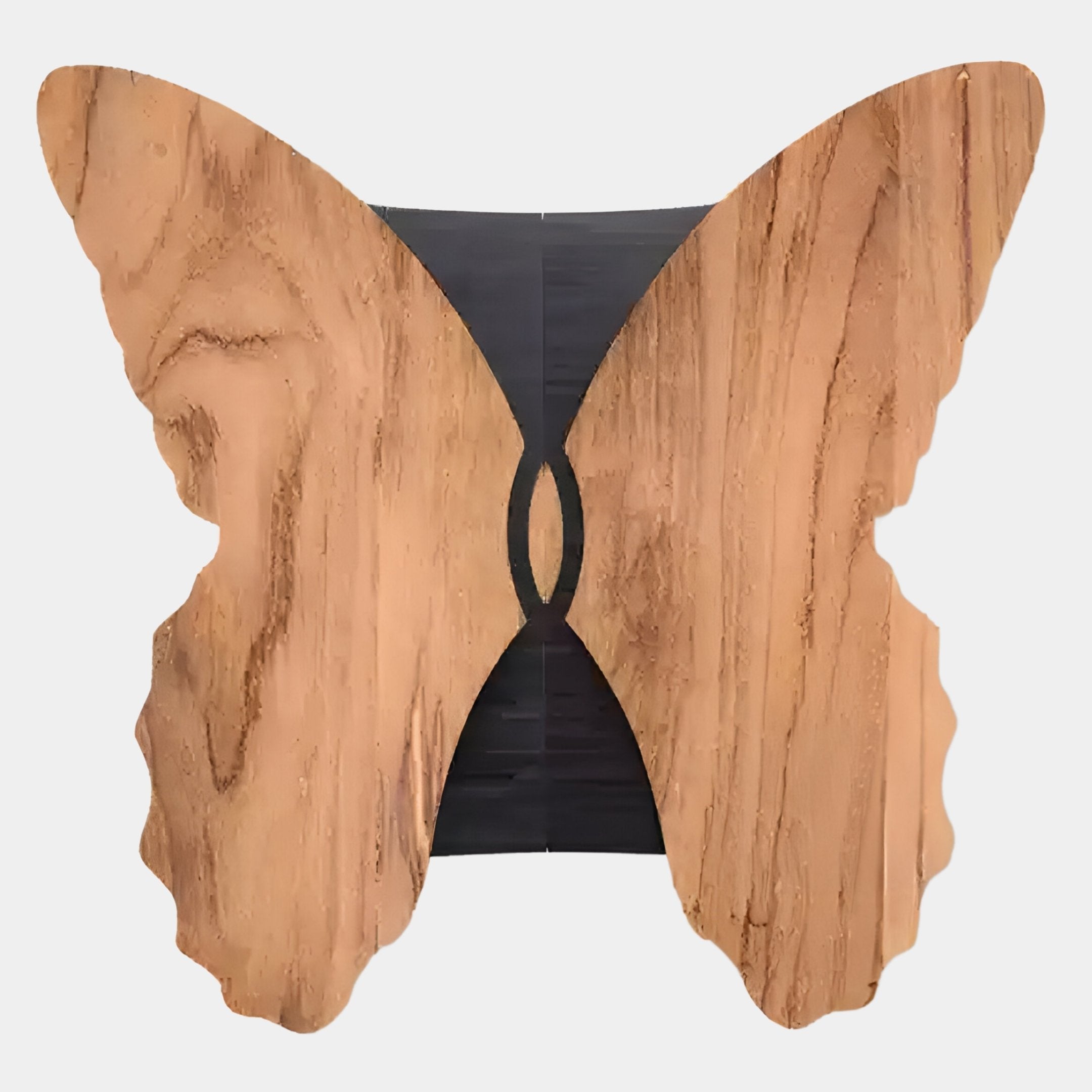 A wooden chair with a butterfly-shaped backrest and natural wood grain details mirrors the Lucerna Maple Butterfly Wood Carving 3D Wall Art by Giant Sculptures, featuring exquisite carving and a striking central black accent.