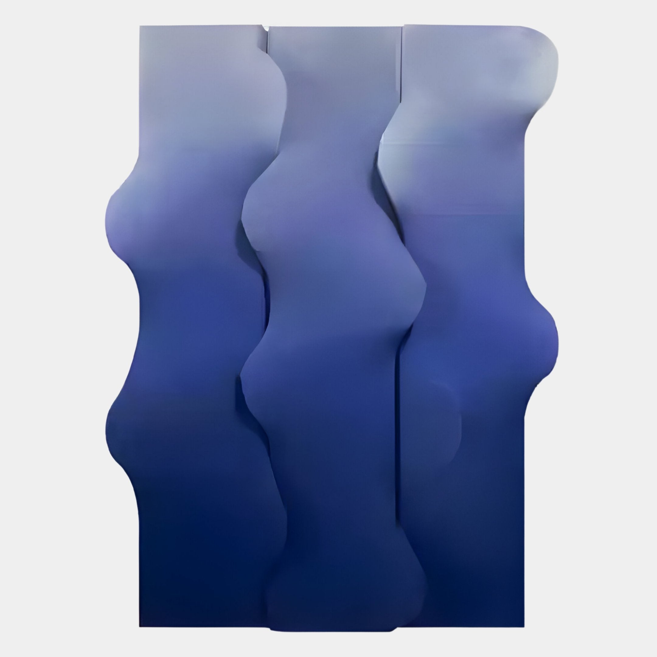 The Mystique Blue Fabric Abstract Wood Relief 3D Wall Art by Giant Sculptures features three vertical, wavy-edged panels with a smooth blue gradient, creating a modern, elegant abstract design against a light background.