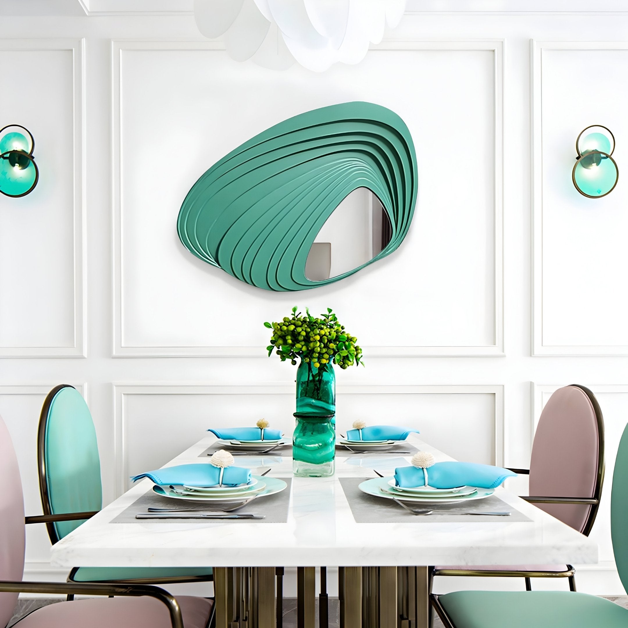 A modern dining room features a four-seat white table set with green plates and blue napkins. A vase of green flowers is centered on the table, flanked by Giant Sculptures Reflecta Green Wood Carving Mirror 3D Wall Art in teal. Teal and pink chairs enhance the stylish ambiance.