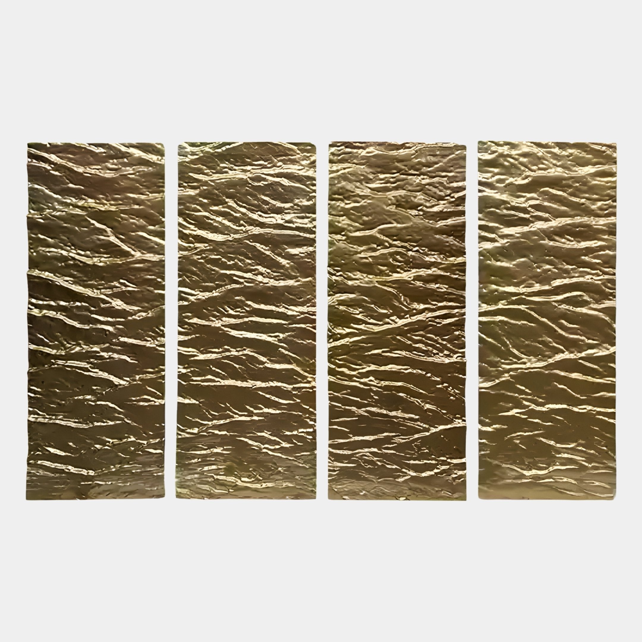 The Illume 4-Panel Gold Hand-Painted Wood Relief 3D Wall Art by Giant Sculptures features four vertical gold panels with wavy, textured surfaces, arranged side by side against a white background for a striking effect.