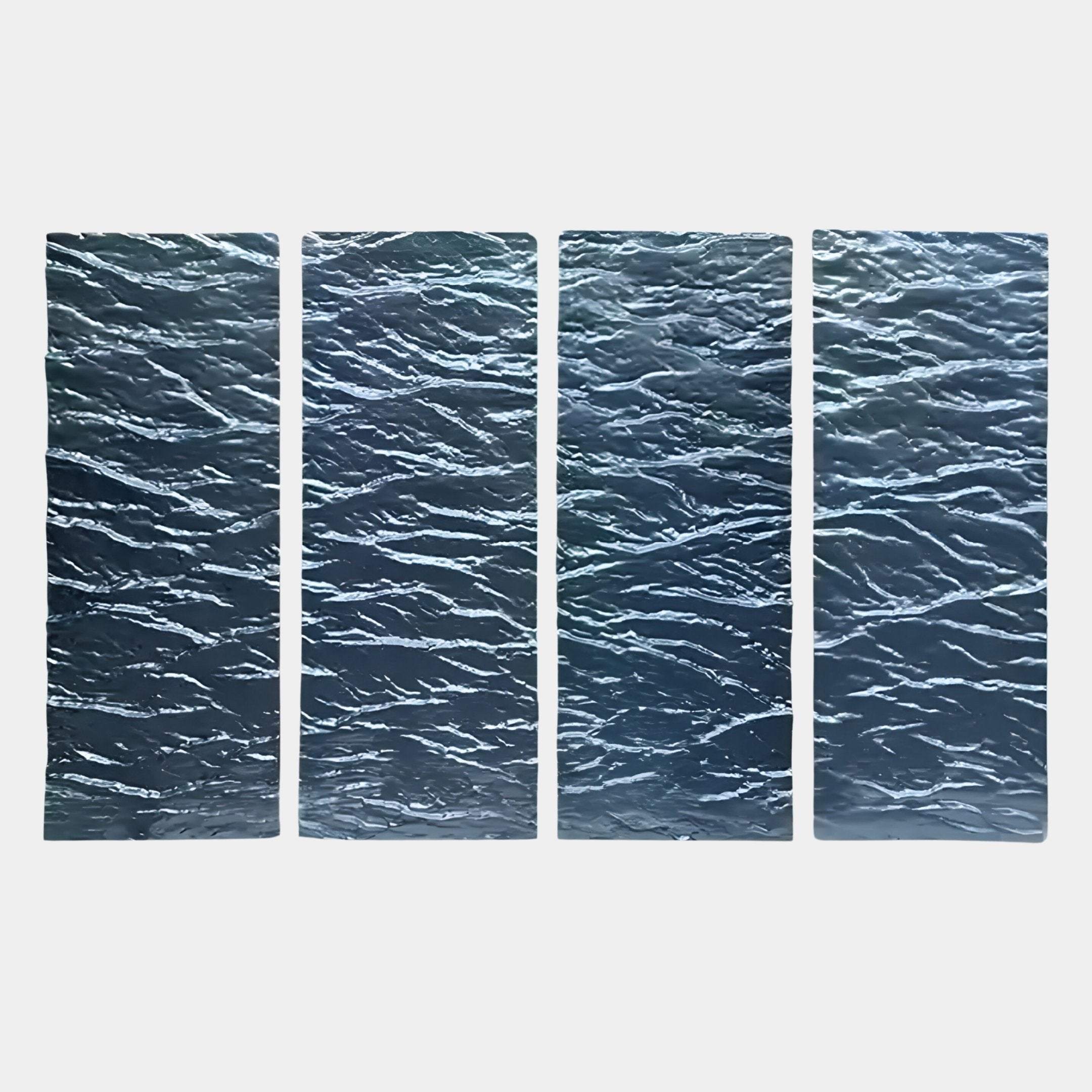 The Illume 4-Panel Blue Hand-Painted Wood Relief 3D Wall Art by Giant Sculptures features four vertical panels with textured, water-like surfaces and reflective highlights, creating a striking effect against a plain white background.