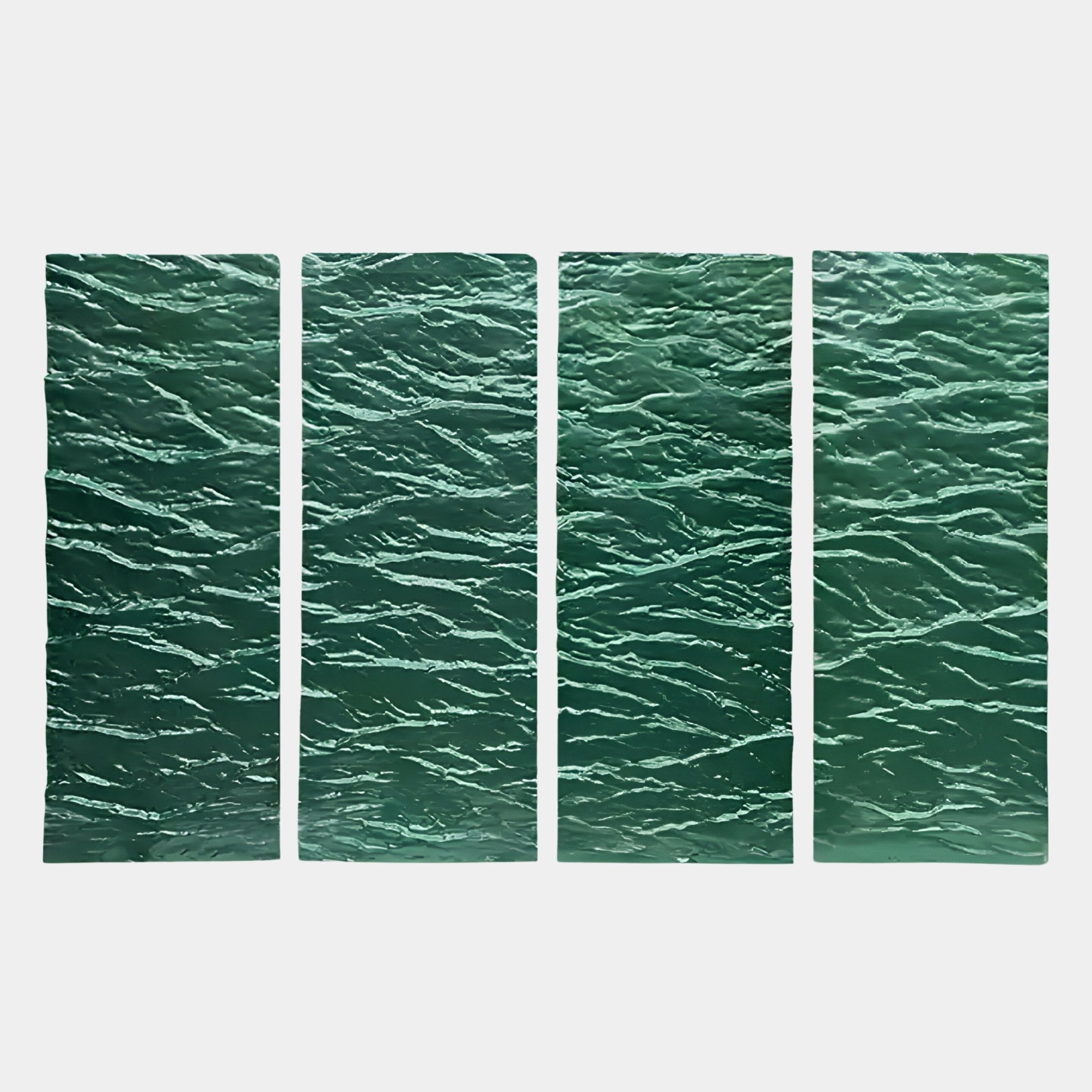 Four green vertical panels with a rippling, textured surface are arranged side by side against a white background—perfect as the Illume 4-Panel Green Hand-Painted Wood Relief 3D Wall Art by Giant Sculptures to enhance modern decor.