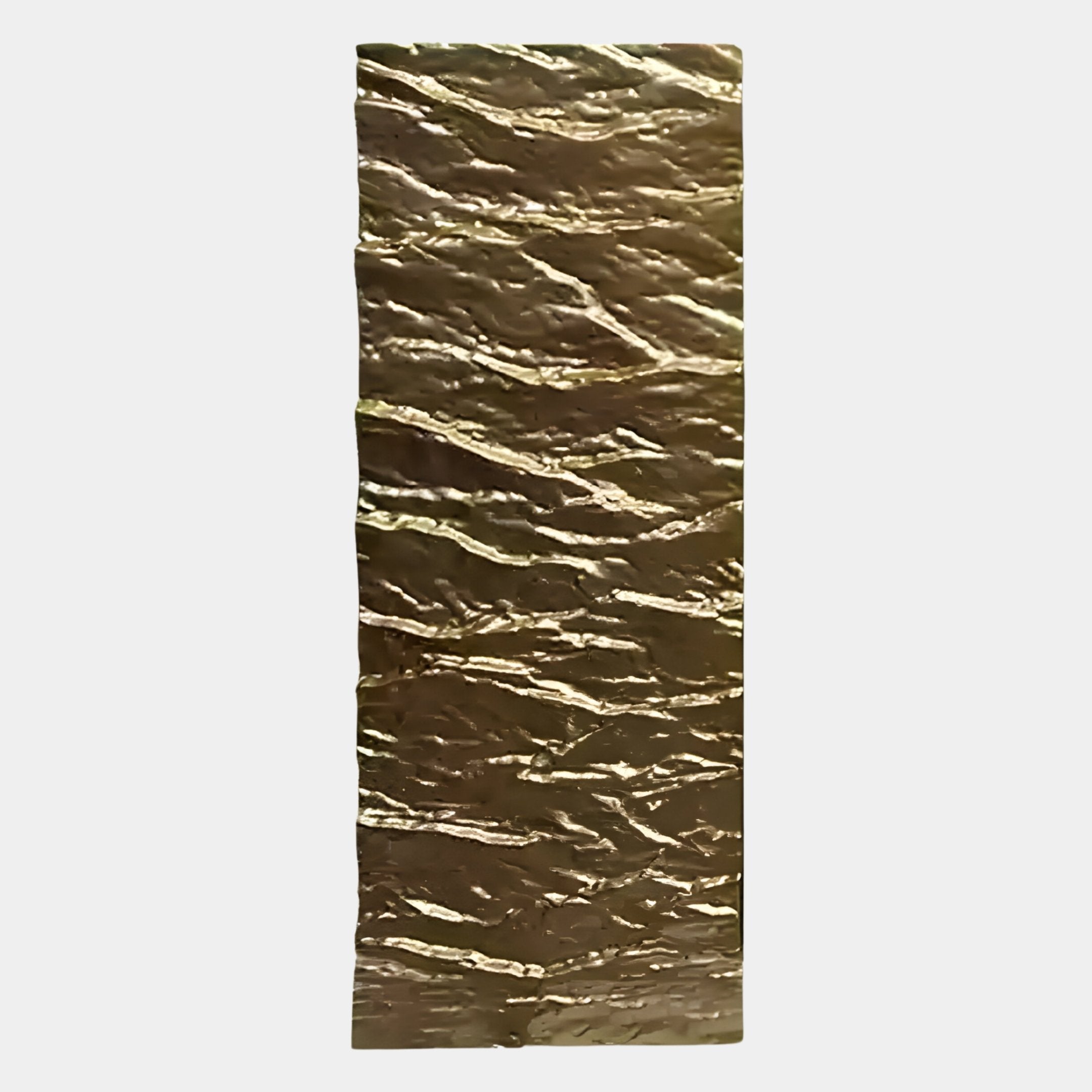 The Illume Gold I Hand-Painted Wood Relief 3D Wall Art by Giant Sculptures features a vertically displayed, crinkled gold foil design with a shiny, textured surface, adding luxurious elegance to any modern interior.
