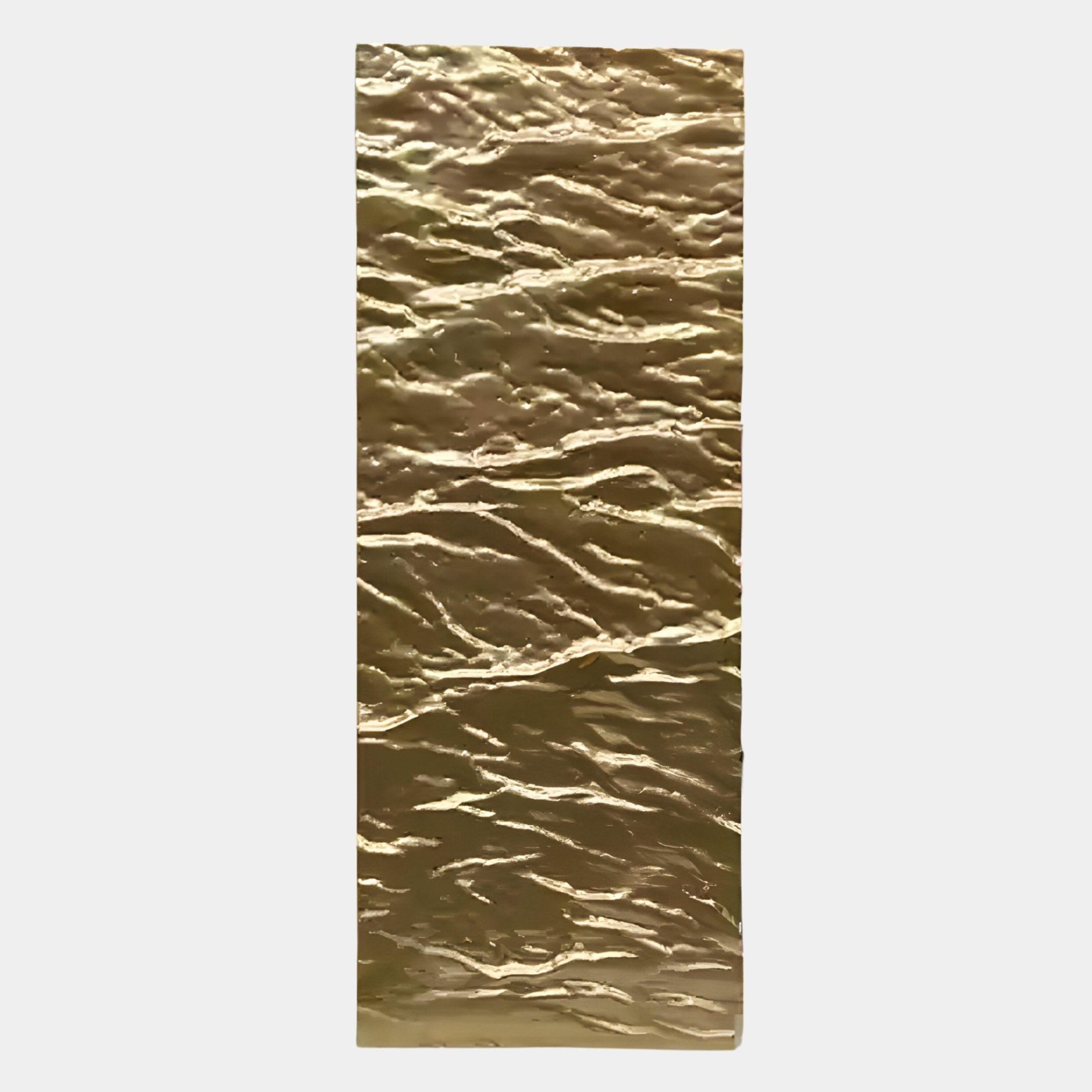 The Illume Gold IV Hand-Painted Wood Relief 3D Wall Art by Giant Sculptures features a rectangular gold panel with a wavy, textured surface in metallic hues that evokes rippling water—an eye-catching piece of wall décor.