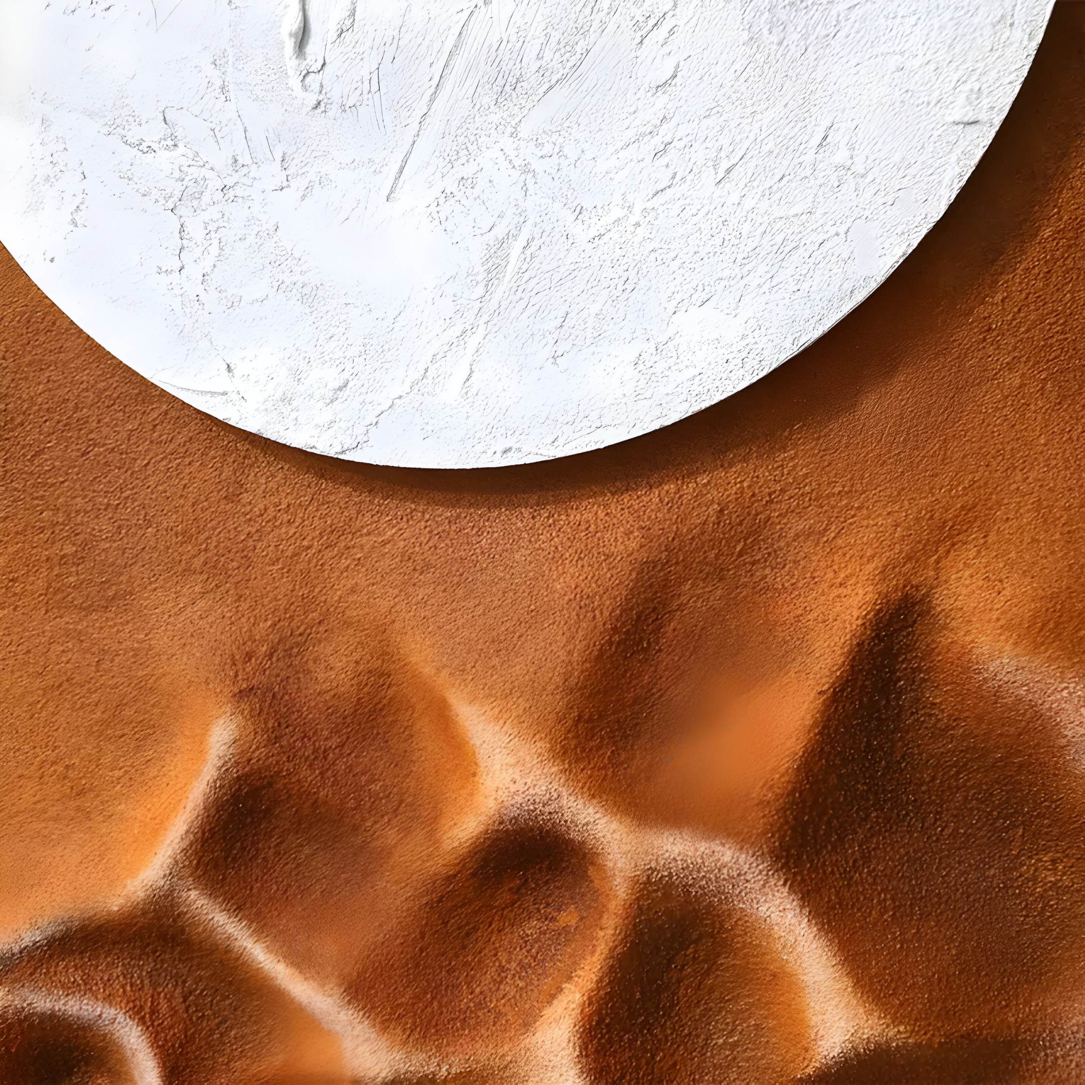 The Verve Earthy Brown Wood Relief 3D Wall Art by Giant Sculptures features a textured white circle at the top left against rust-colored, undulating waves and an earthy brown wood relief, enhancing its modern design.