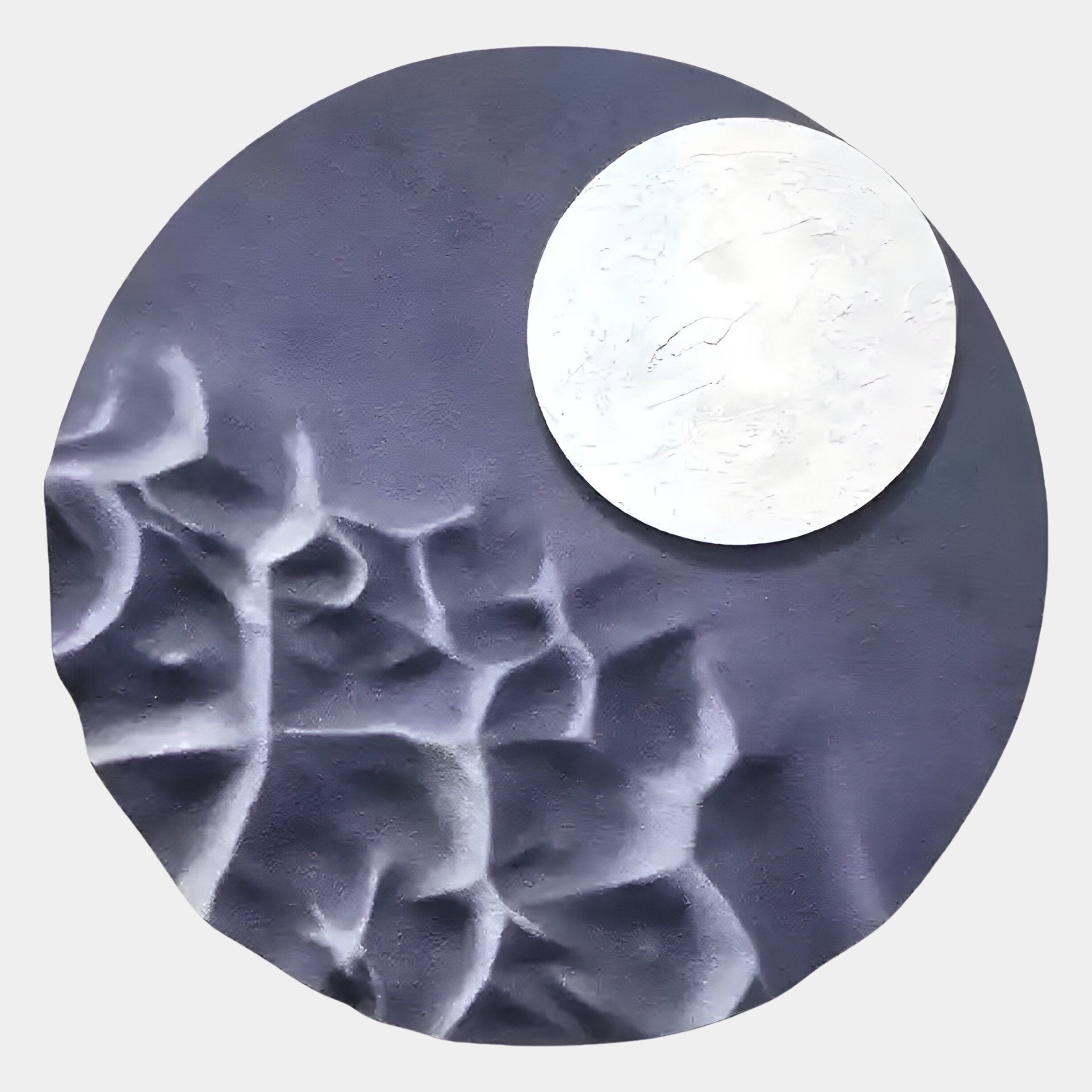 The Verve Soft Purple Wood Relief 3D Wall Art by Giant Sculptures features raised abstract shapes and a large white circle set against a dark, bluish-gray background, creating a striking textured centerpiece for any wall.