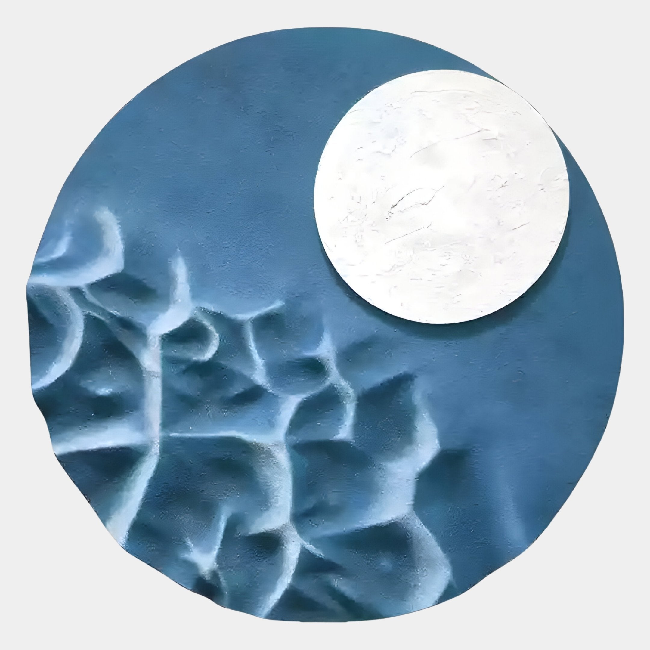 The Verve Soft Blue Wood Relief 3D Wall Art by Giant Sculptures features a textured blue circle and a moon-like white wood relief on a light gray background, creating an abstract, modern statement for your space.