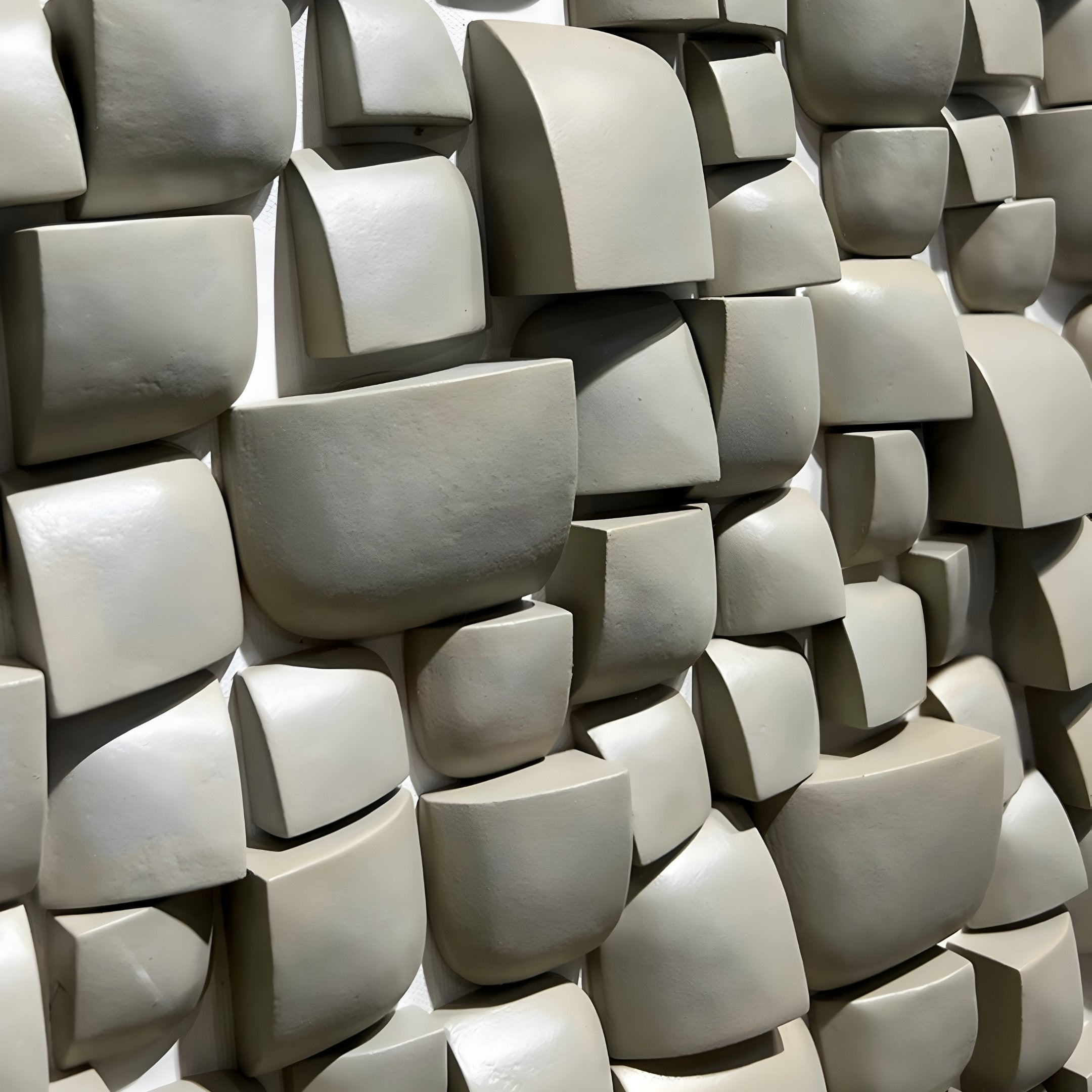 The Exalta Wood Relief Framed 3D Wall Art by Giant Sculptures features irregularly shaped, smooth gray tiles arranged in a grid pattern, creating a textured surface that evokes traditional craftsmanship. Varying in size and depth, the tiles cast subtle shadows, adding an artistic flair to any space.