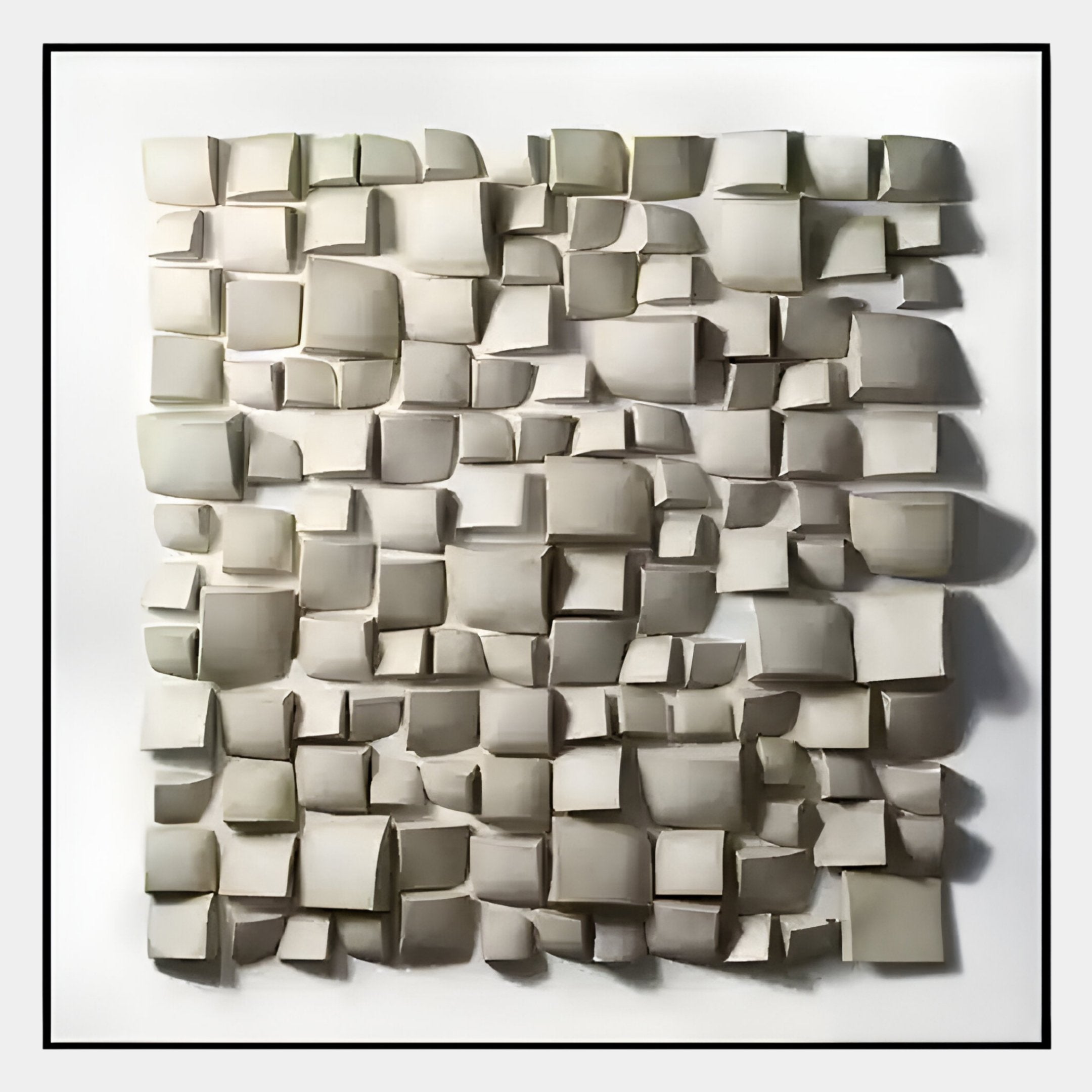The Exalta Wood Relief Framed 3D Wall Art by Giant Sculptures features white, curved, and folded rectangular forms in a geometric pattern, set within a black border on a white background.