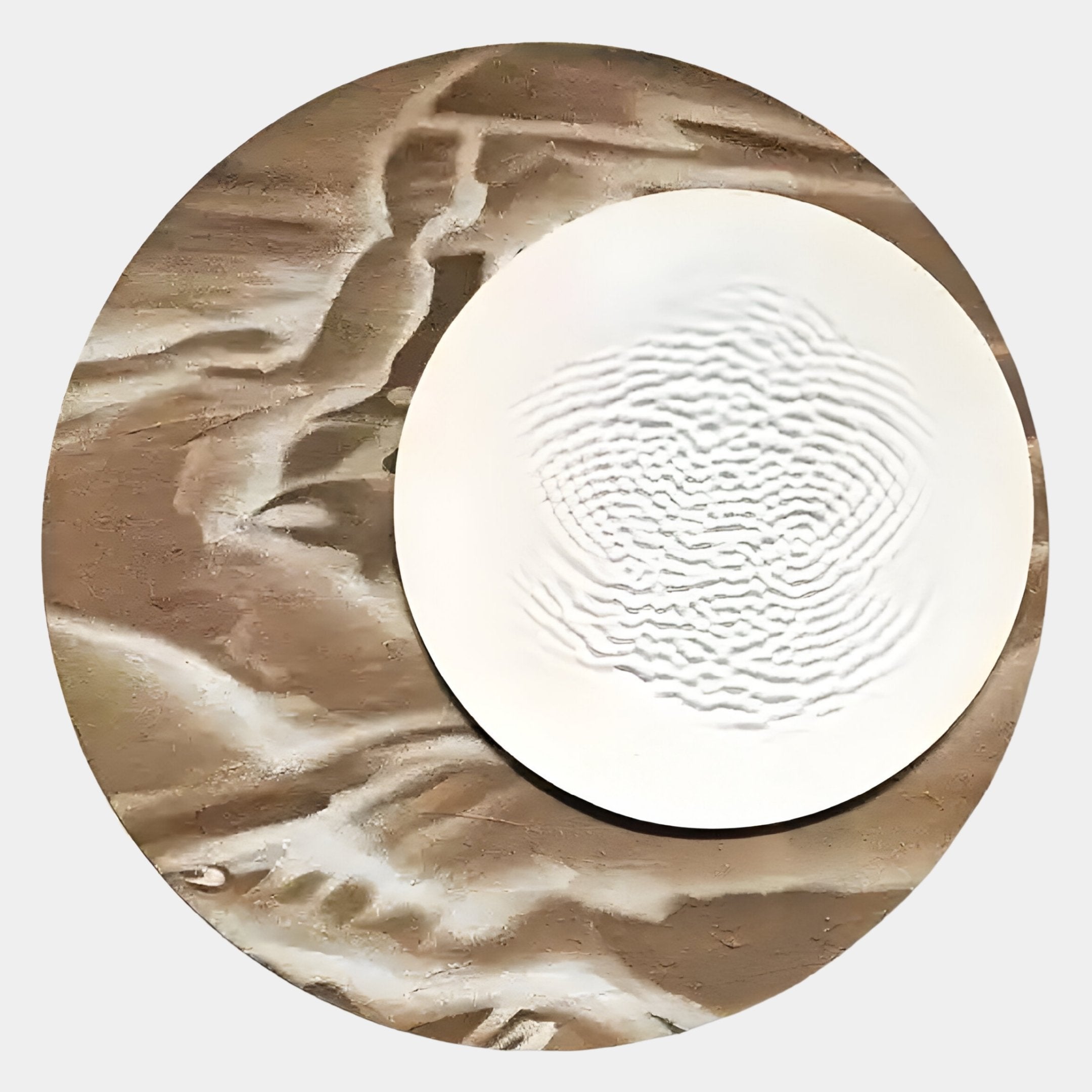 The Reveria Sandy Beige Abstract Wood Carving 3D Wall Art by Giant Sculptures features earthy tones and carved textures, resembling a round white plate set on a circular surface with abstract designs.