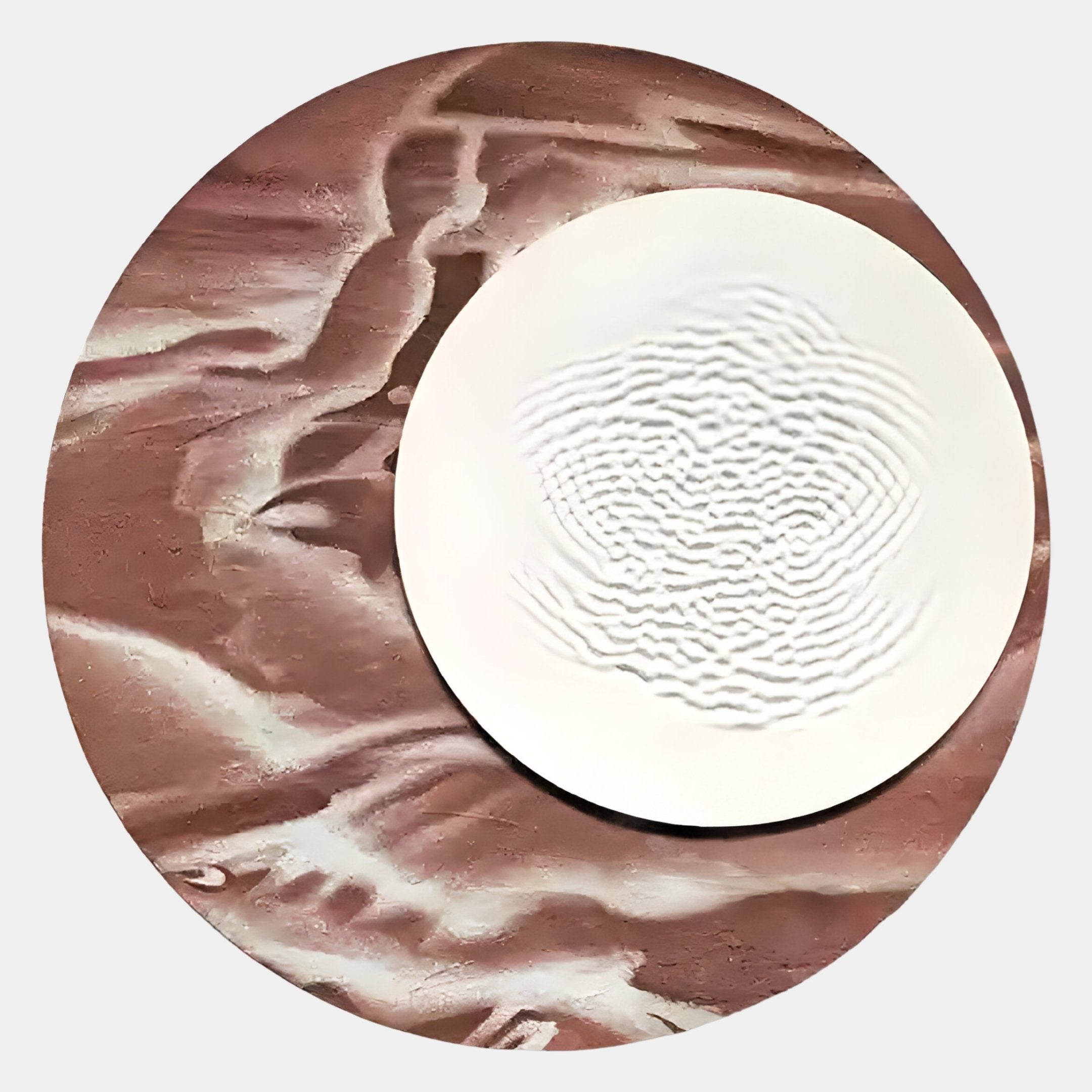 Reveria Dusty Plum Abstract Wood Carving 3D Wall Art by Giant Sculptures features a round, textured reddish-brown surface with a raised, rippled white circle for a sculptural, sand dune-inspired look.