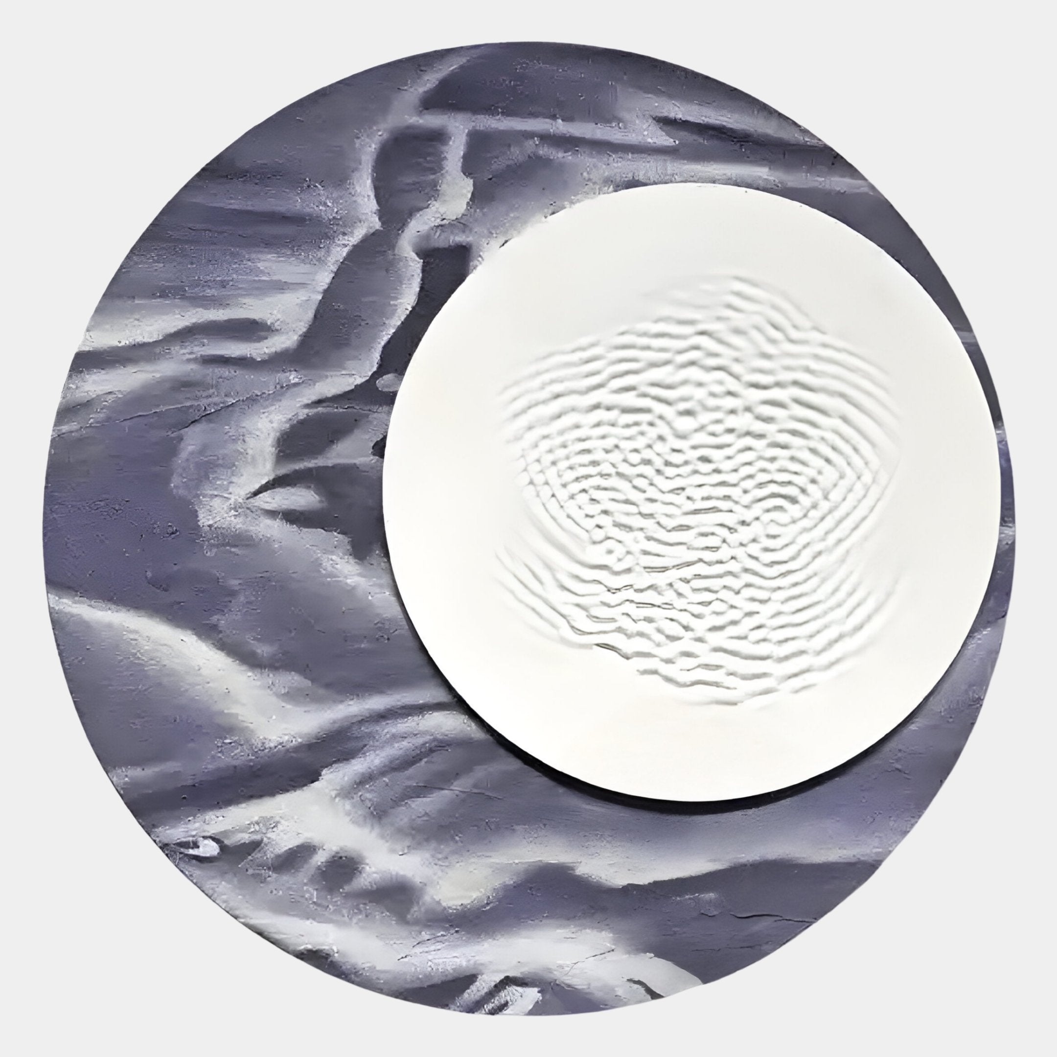 The Reveria Dusty Lavender Abstract Wood Carving 3D Wall Art by Giant Sculptures features a textured lavender surface with abstract waves and a central white plate showcasing raised concentric ripples.