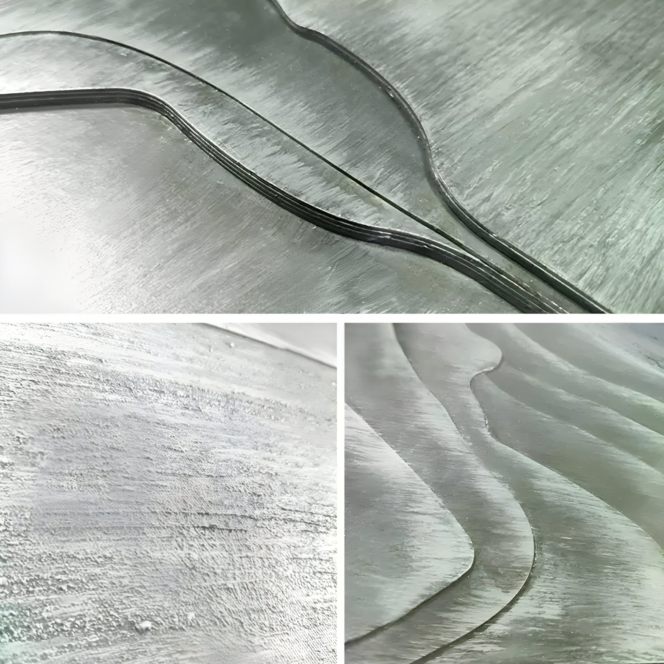 Close-up collage of textured silver metal surfaces with curved, brushed finishes—ideal for pairing with the Celoria Jade Mist Wood Carving 3D Wall Art by Giant Sculptures or enhancing Wabi-Sabi spaces with organic patterns.