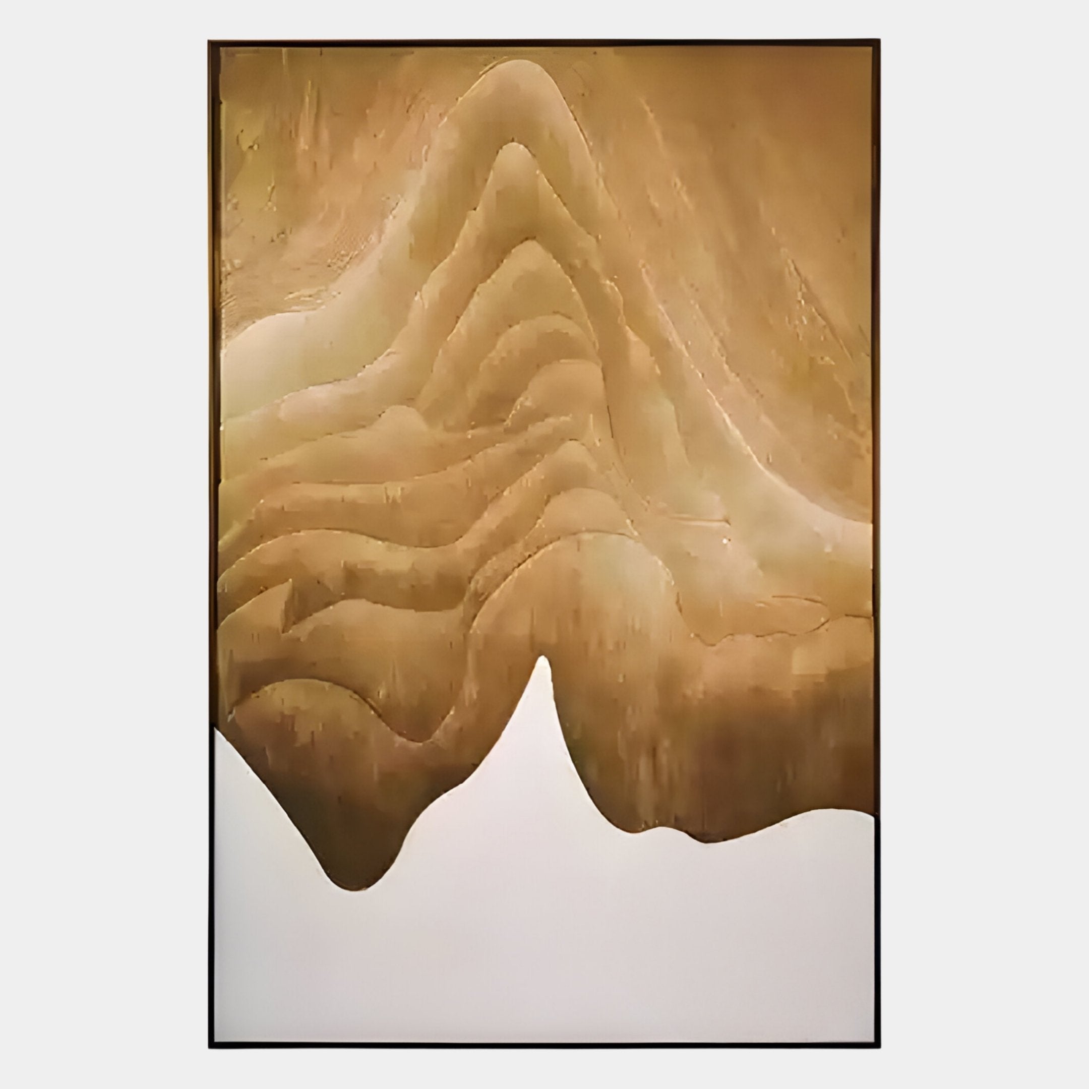 The Celoria Golden Dune Wood Carving 3D Wall Art by Giant Sculptures features framed abstract, wavy brown and beige shapes reminiscent of topographic lines or wood carving, with a white area at the bottom.
