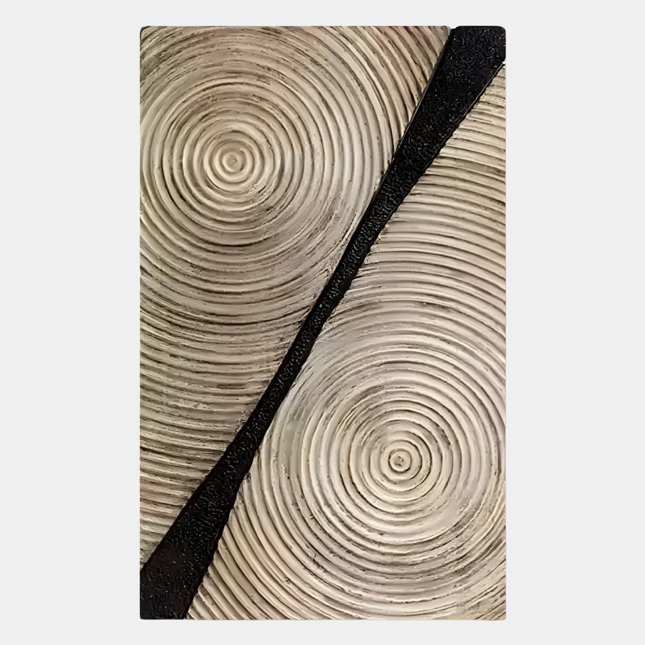 Artura Ivory Hand-Painted 3D Relief Wall Art by Giant Sculptures features concentric ridges in beige tones intersected by a textured black strip, creating an abstract, tactile look that embodies minimalist tranquillity.