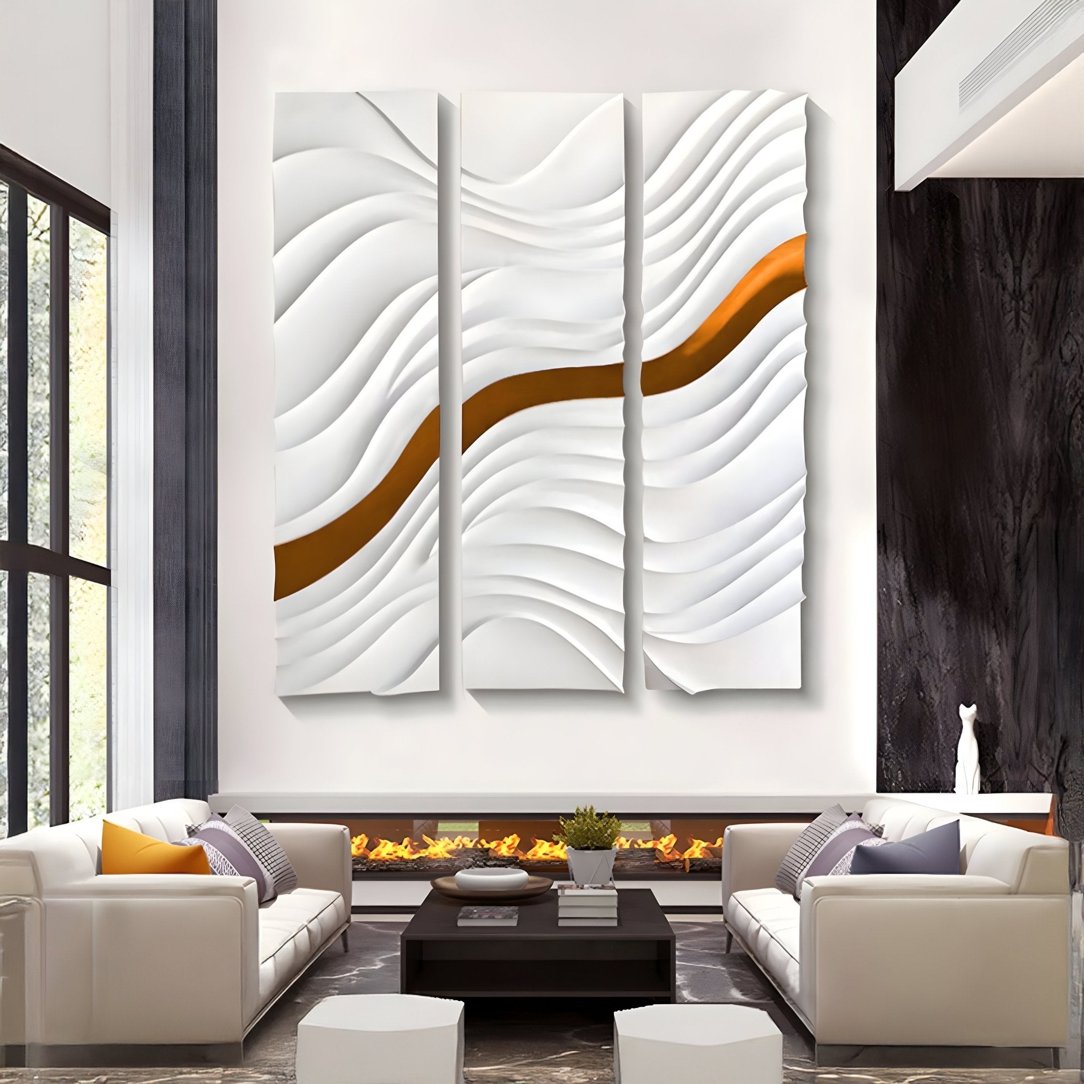 A modern living room with two white sofas, a black coffee table, and the Evolva 3-Panel White & Gold Wood Relief 3D Wall Art by Giant Sculptures, featuring bold wavy gold accents flowing seamlessly across all three panels.