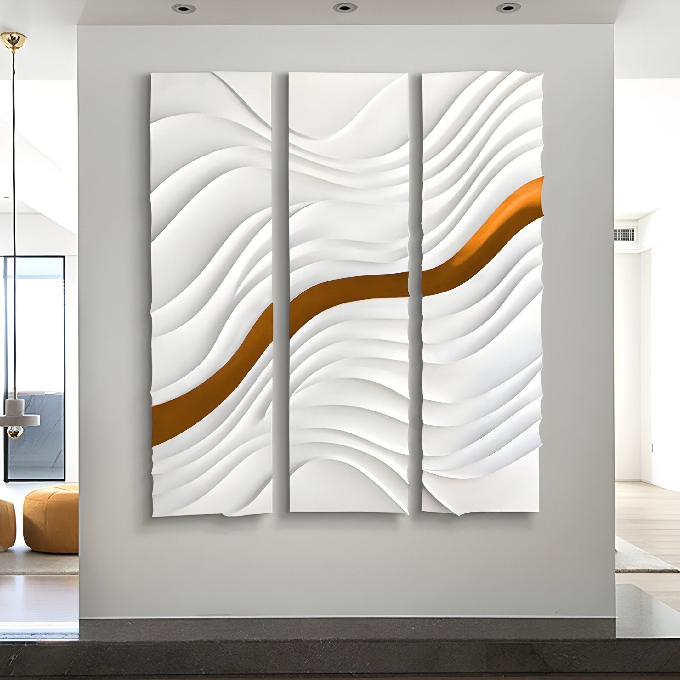 The Evolva 3-Panel White & Gold Wood Relief 3D Wall Art by Giant Sculptures features wavy sculpted textures and a bold gold diagonal accent, adding vibrant contrast to any modern, minimalist space.