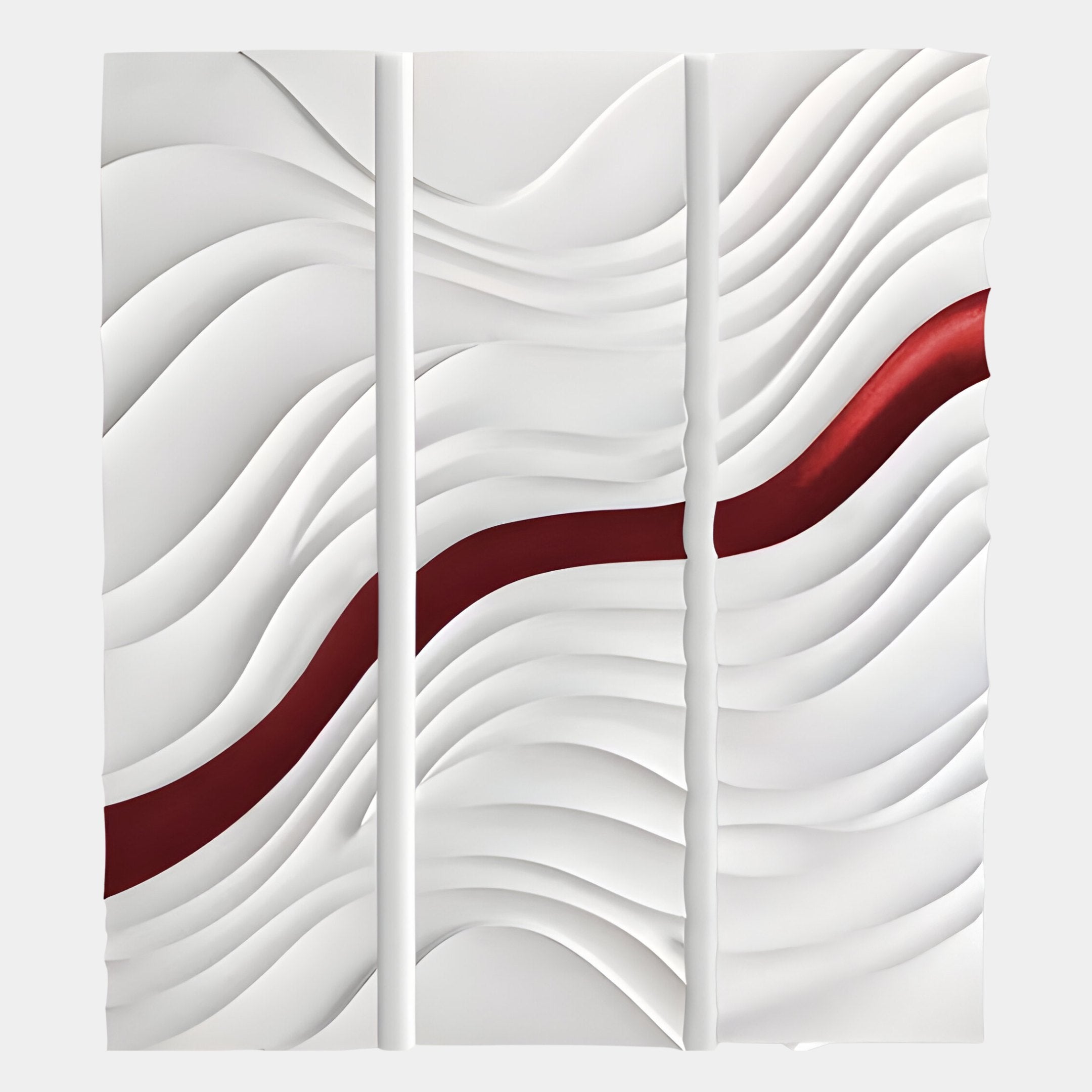 Evolva 3-Panel White & Red Wood Relief 3D Wall Art by Giant Sculptures features wavy white layers, a bold diagonal red stripe, and three vertical lines for a striking sculptural texture reminiscent of carved wood panels.