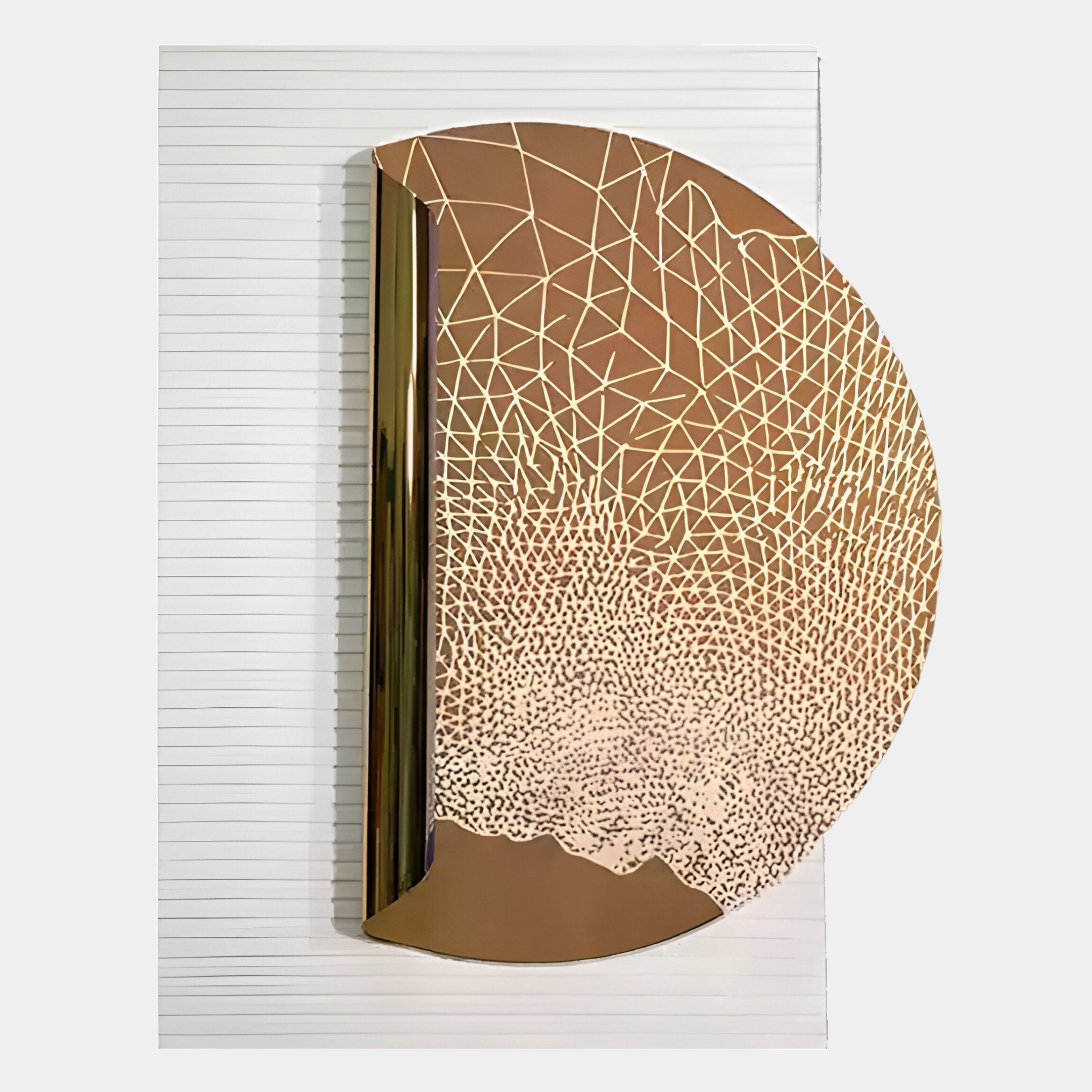 The Artevia Gold & White Geometric Wood Relief 3D Wall Art by Giant Sculptures showcases a large metallic half-disc with geometric line patterns set on a vertically striped white background.