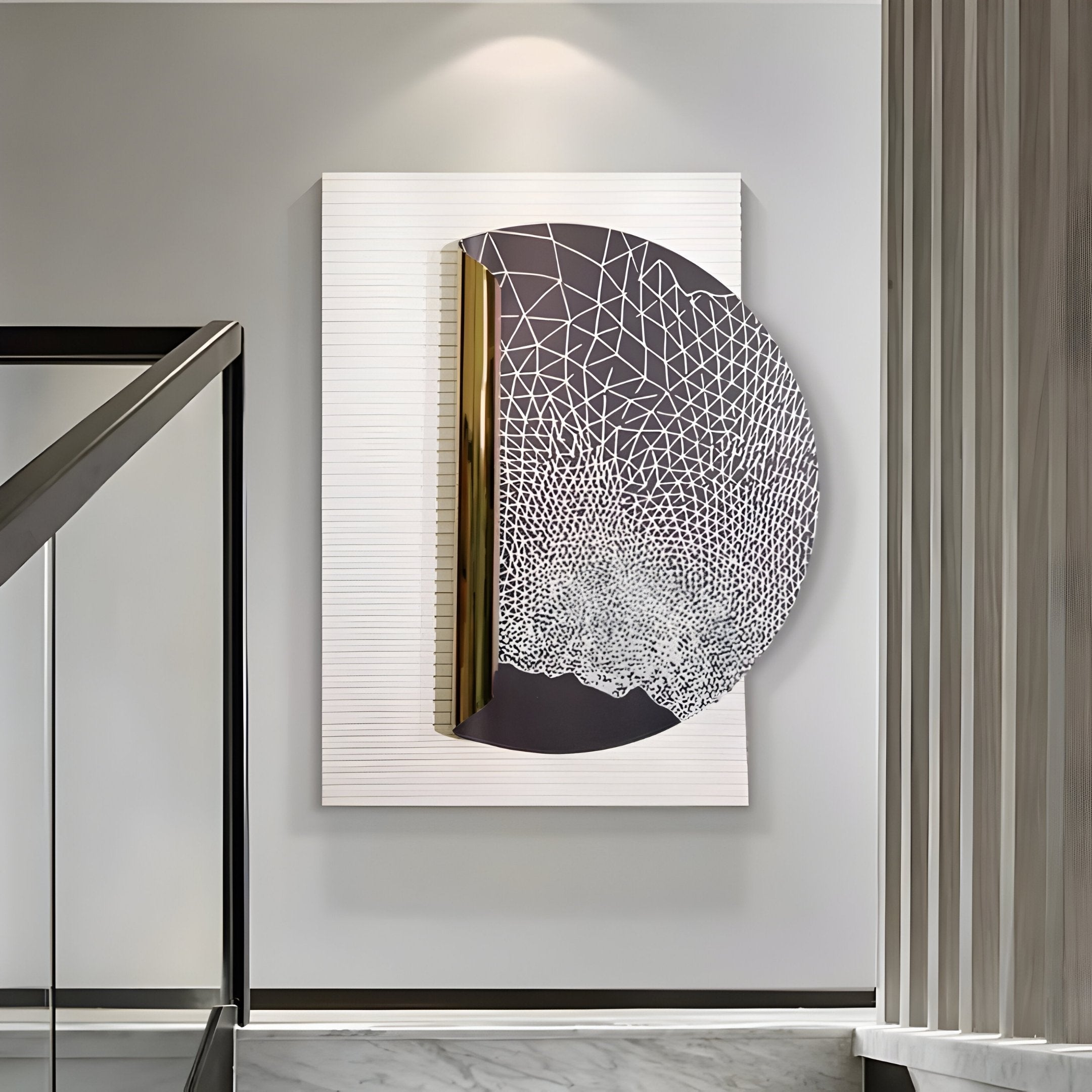 The Artevia Grey & White Geometric Wood Relief 3D Wall Art by Giant Sculptures features a striking black circle and intersecting gold and white lines on a textured background, ideal for modern and minimalist interiors.