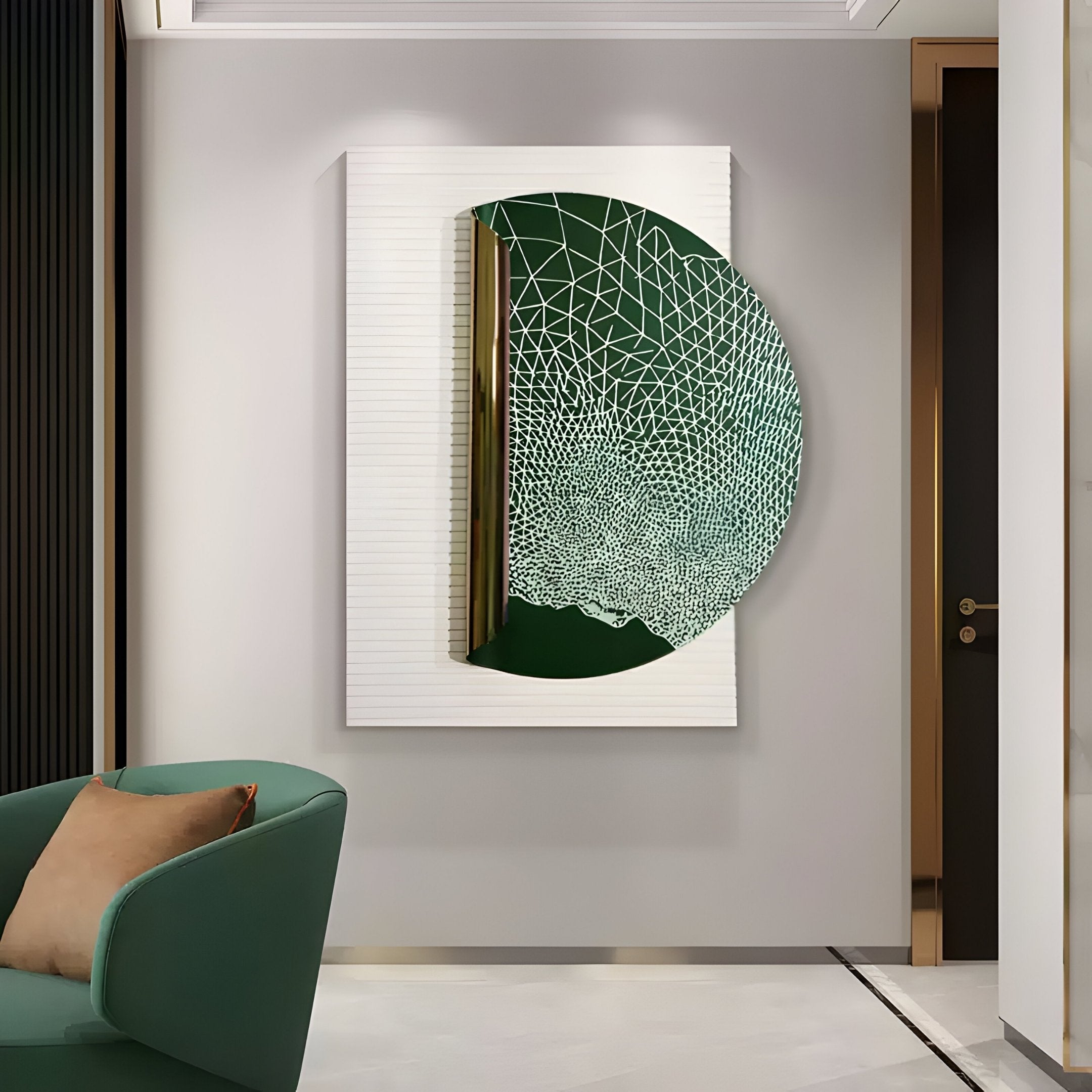 The Artevia Green & White Geometric Wood Relief 3D Wall Art by Giant Sculptures features a bold green web-like circle on a white backdrop, adding modern depth and style to any minimalistic space.