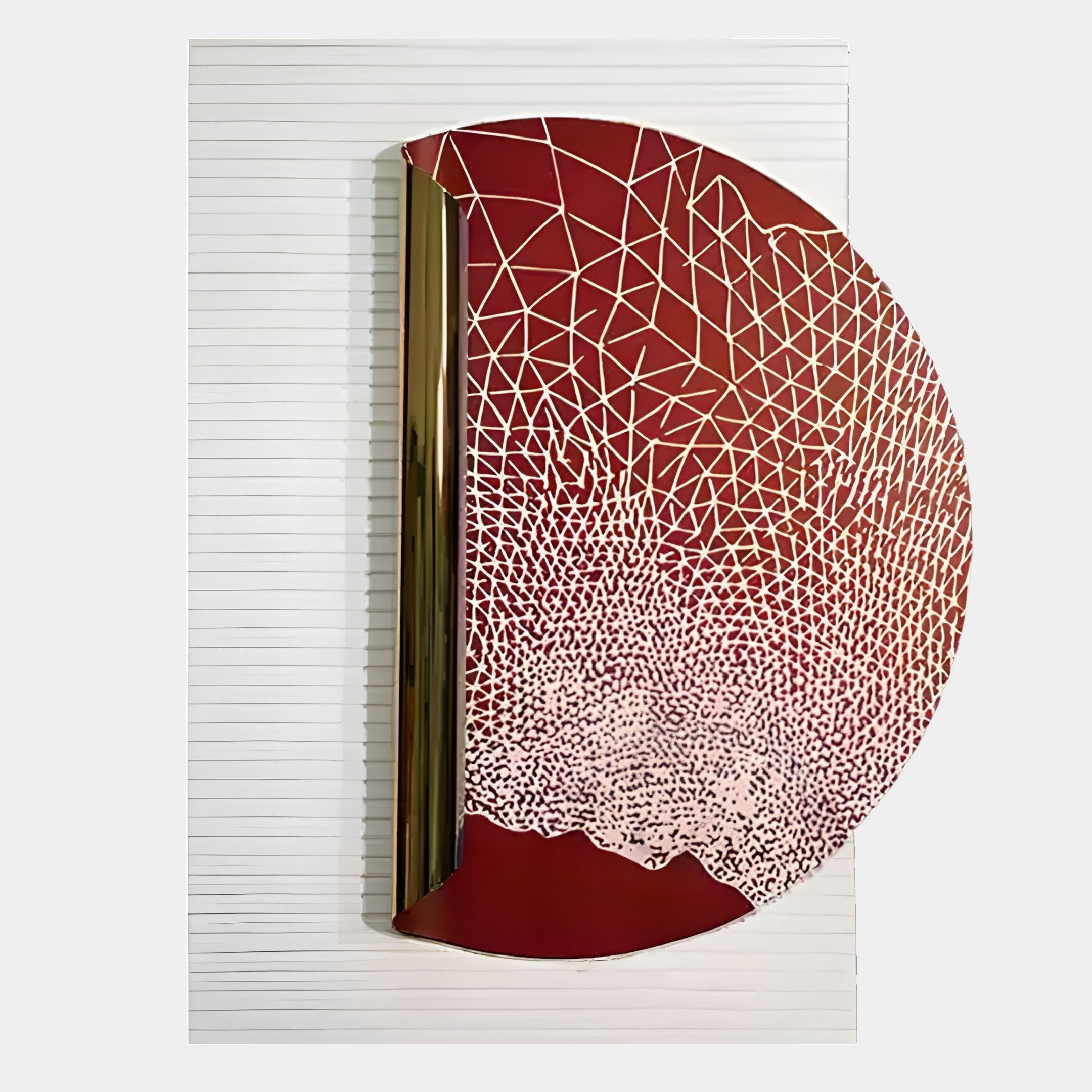 The Artevia Red & White Geometric Wood Relief 3D Wall Art by Giant Sculptures features bold red, white, and gold details with a modern semi-circular design, adding a striking contemporary accent to your space.