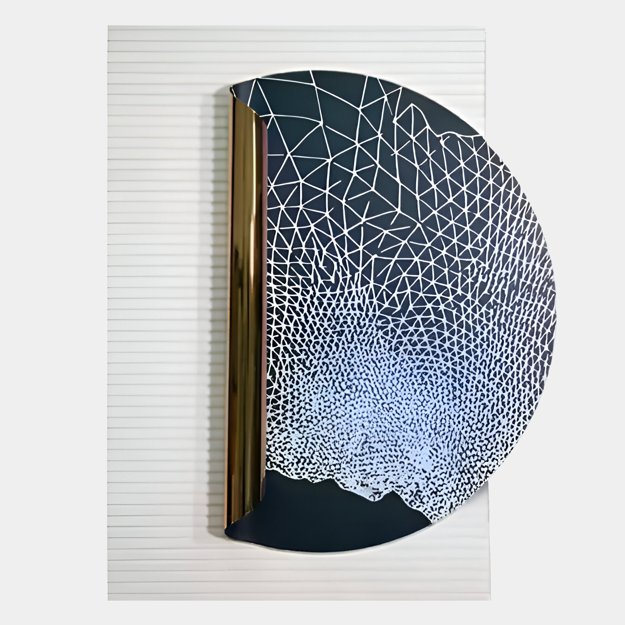 The Artevia Blue & White Geometric Wood Relief 3D Wall Art by Giant Sculptures showcases a half-circle with a white mesh fading to blue, set on a textured rectangular background with vertical lines and a central metallic cylinder.