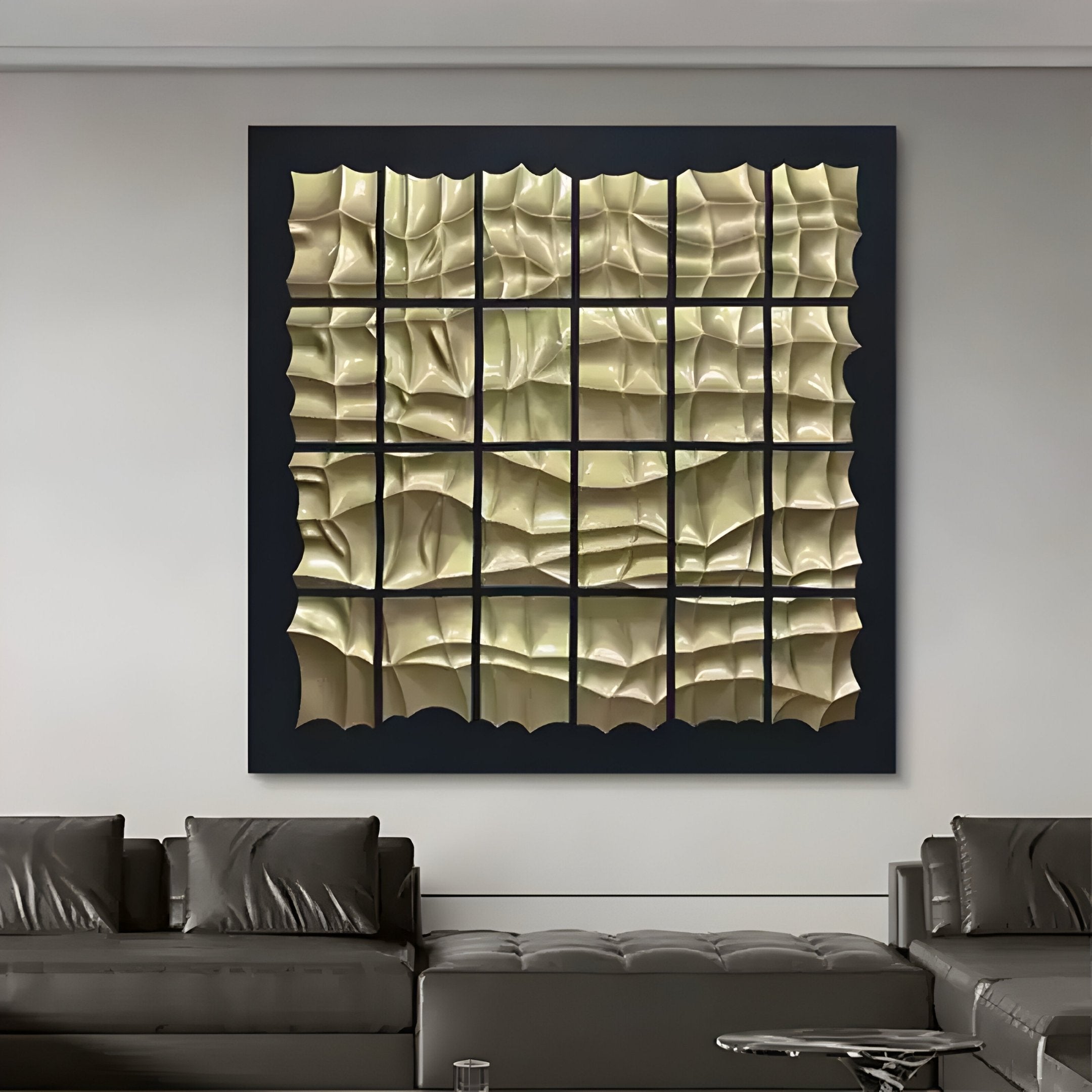 A modern living room with gray couches and a glass coffee table, showcasing the Aurion Black & Gold Glossy Wood Carving 3D Wall Art by Giant Sculptures—metallic squares with wavy texture, ideal for contemporary spaces.