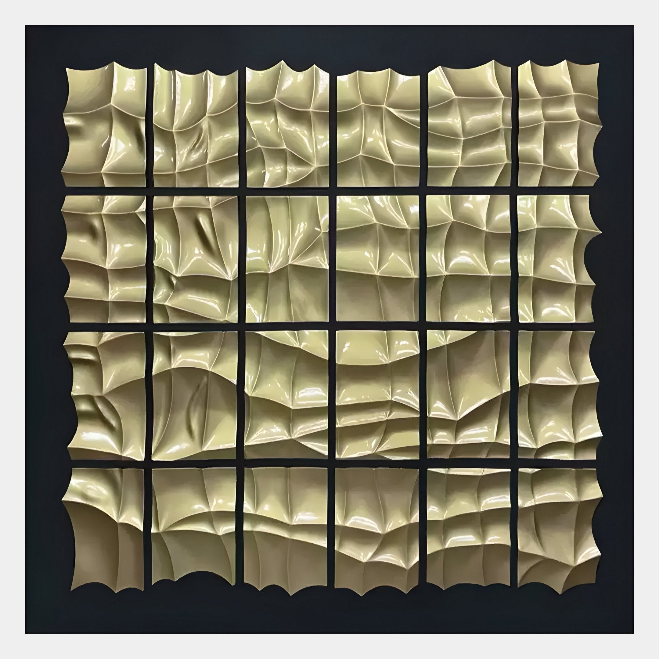 A grid of 25 glossy black and gold panels from Giant Sculptures’ Aurion 3D Wall Art features carved, dynamic textures, creating a striking abstract pattern—ideal for contemporary interiors.