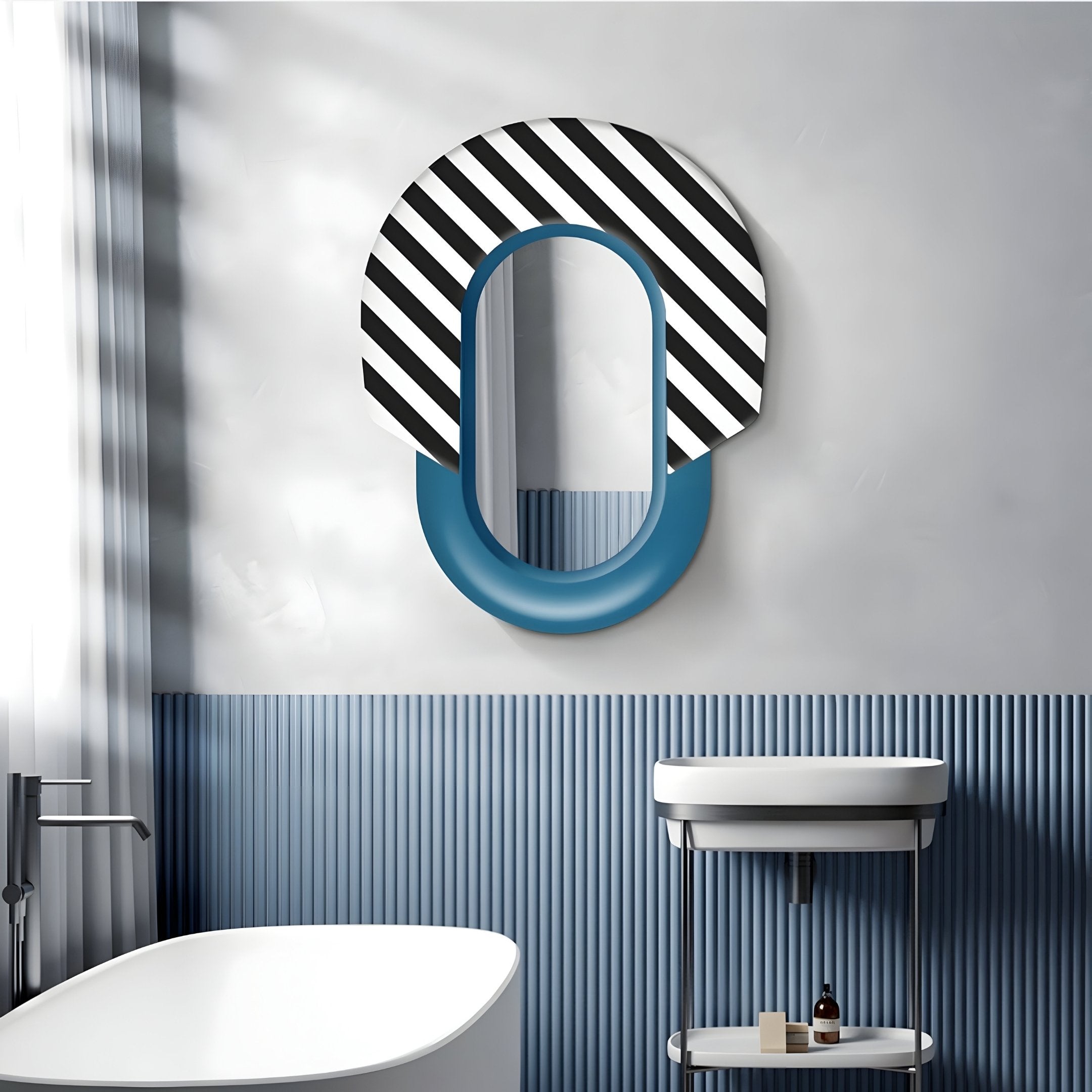 In the modern bathroom, the Arcus Blue & Black-White Striped Mirror 3D Wooden Wall Art by Giant Sculptures is a functional centerpiece above the white sink, enhancing the minimalist design with its sleek fixtures and complementing blue vertical paneling.