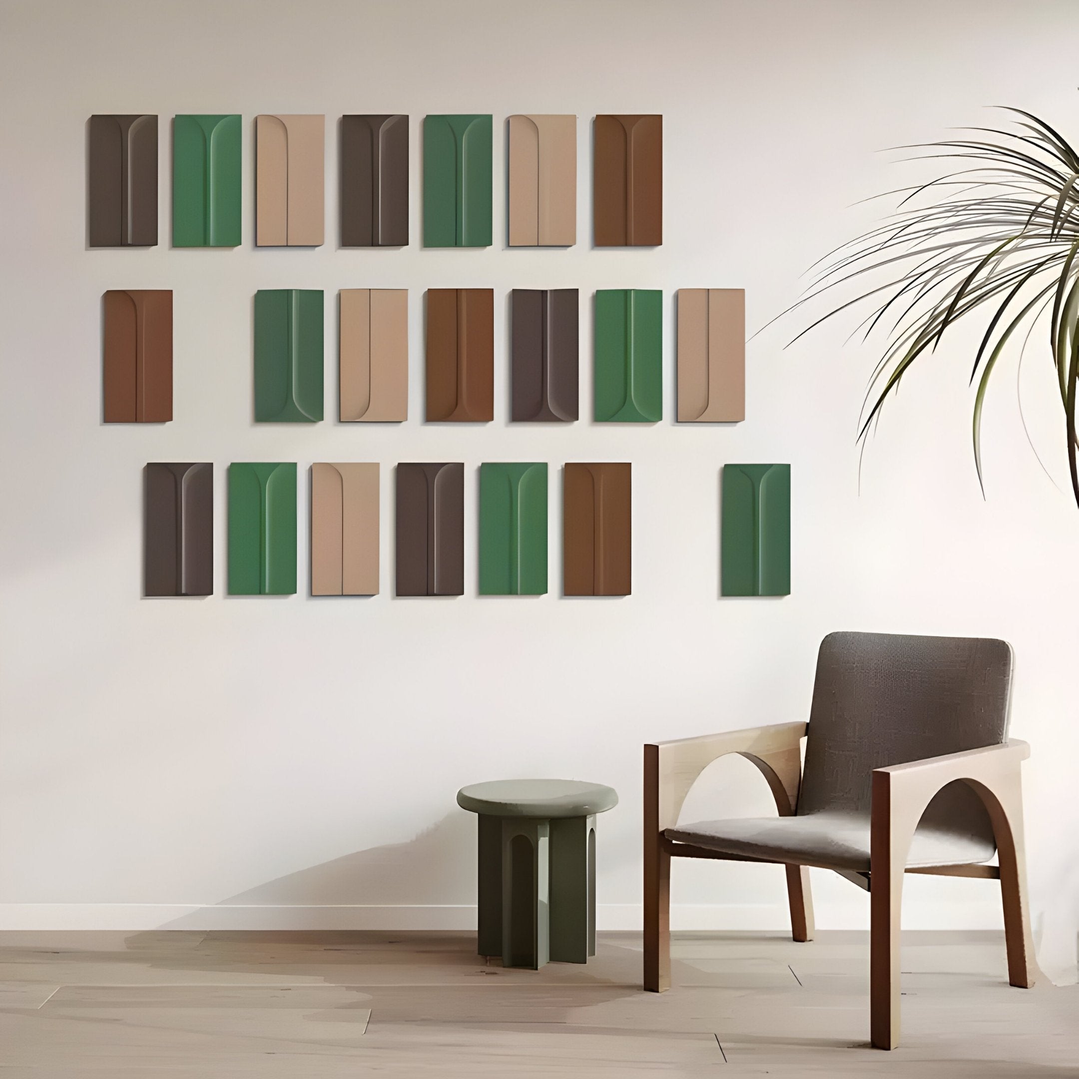 A modern, minimalist room includes a wooden chair and small green table, enhanced by nature-inspired decor. The Eximia Brown & Green Tones Multi-Panel Wood Relief 3D Wall Art by Giant Sculptures adds depth with its geometric design, while a tall plant peeks from the right.
