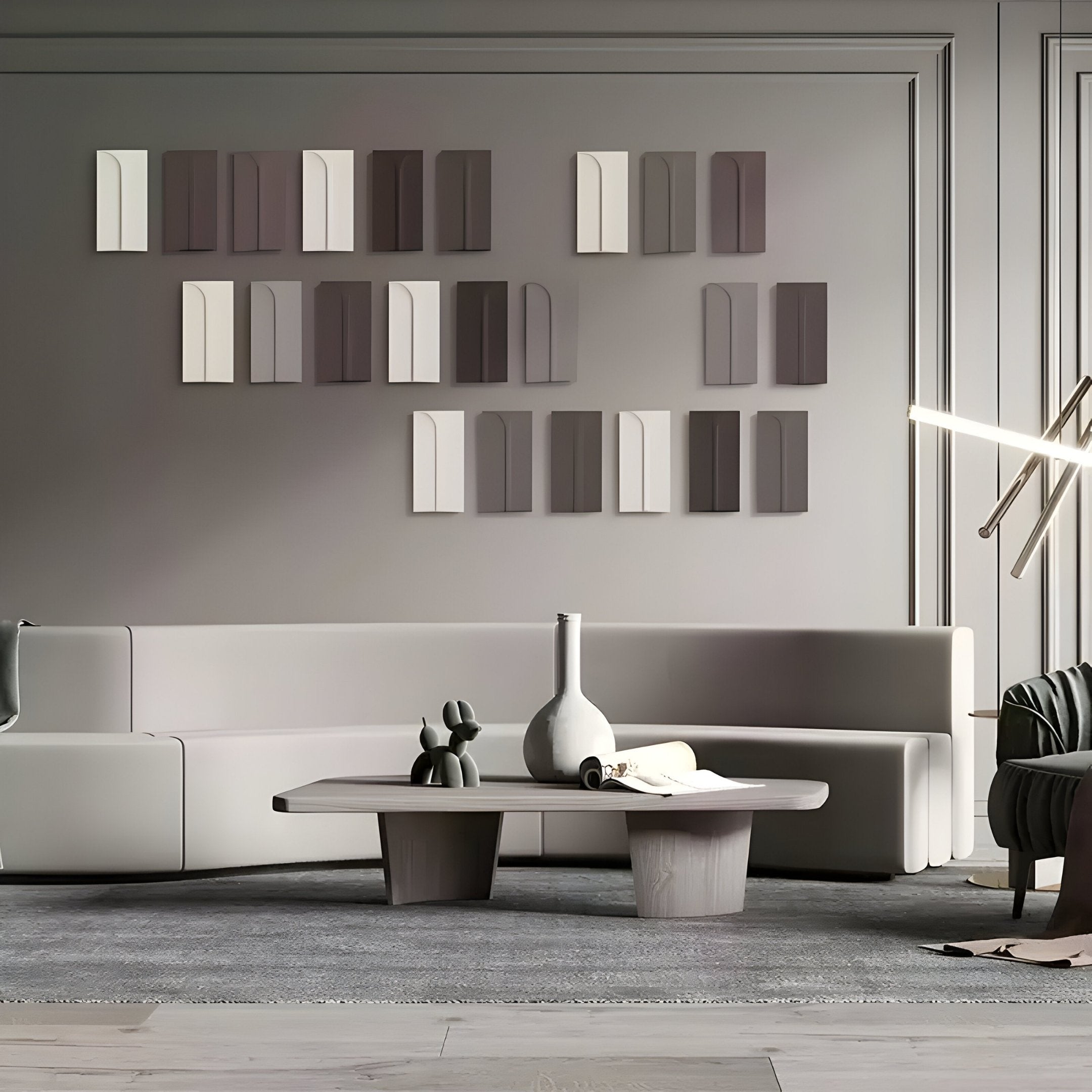 A modern living room with gray tones includes a sleek low-profile sectional sofa, a minimalist coffee table, and the Eximia Brown & Grey Tones Multi-Panel Wood Relief 3D Wall Art by Giant Sculptures. A sculptural lamp and decorative items complete the elegant contemporary space.