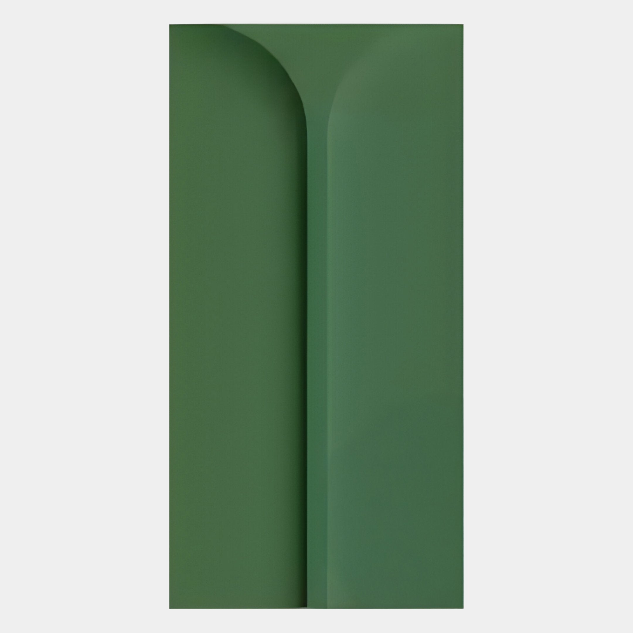 The Eximia Green Minimalist Wood Relief 3D Wall Art by Giant Sculptures features overlapping curved and straight shapes in various green shades, creating a smooth, modern geometric pattern.