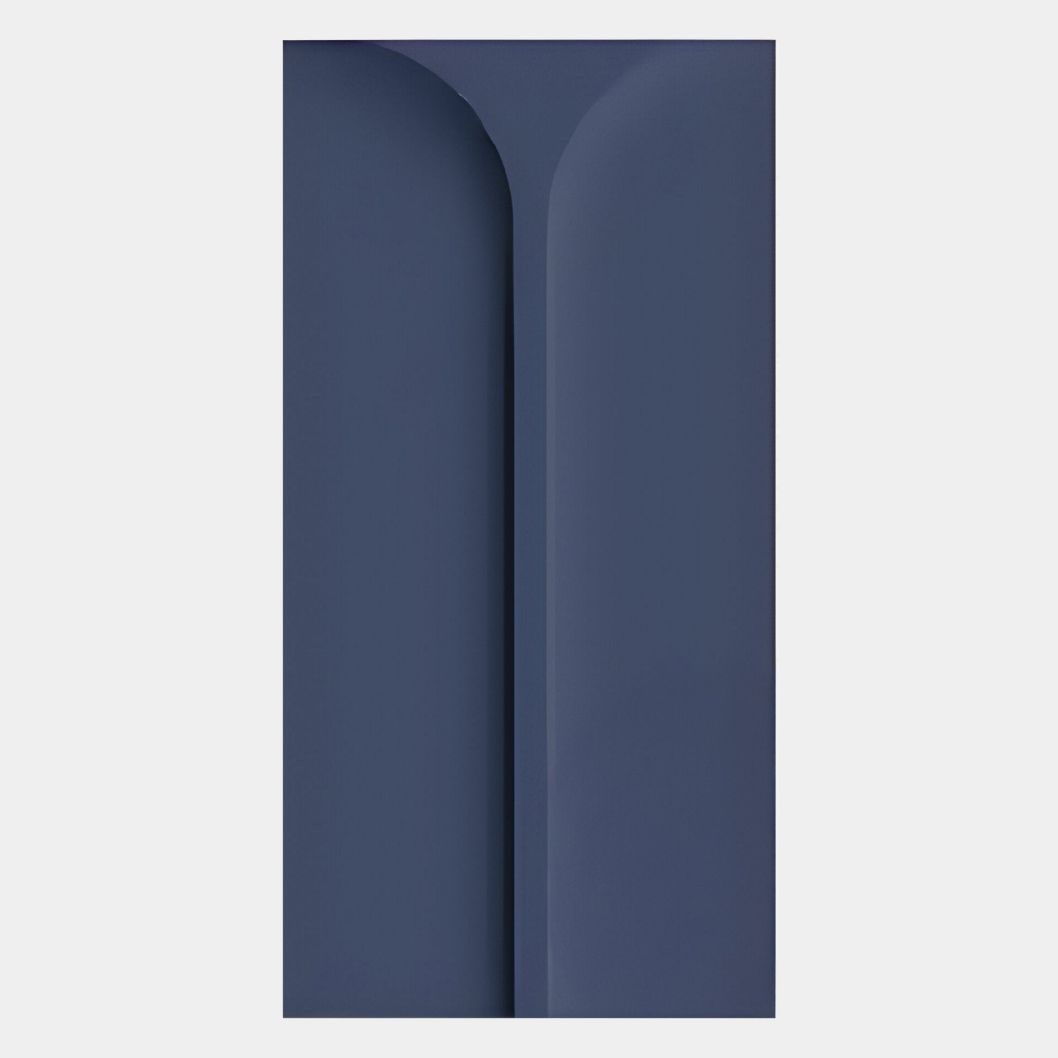 The Eximia Blue Minimalist Wood Relief 3D Wall Art by Giant Sculptures features a dark blue abstract geometric shape with smooth curves and a vertical dividing line, creating modern minimalist depth on a light background.