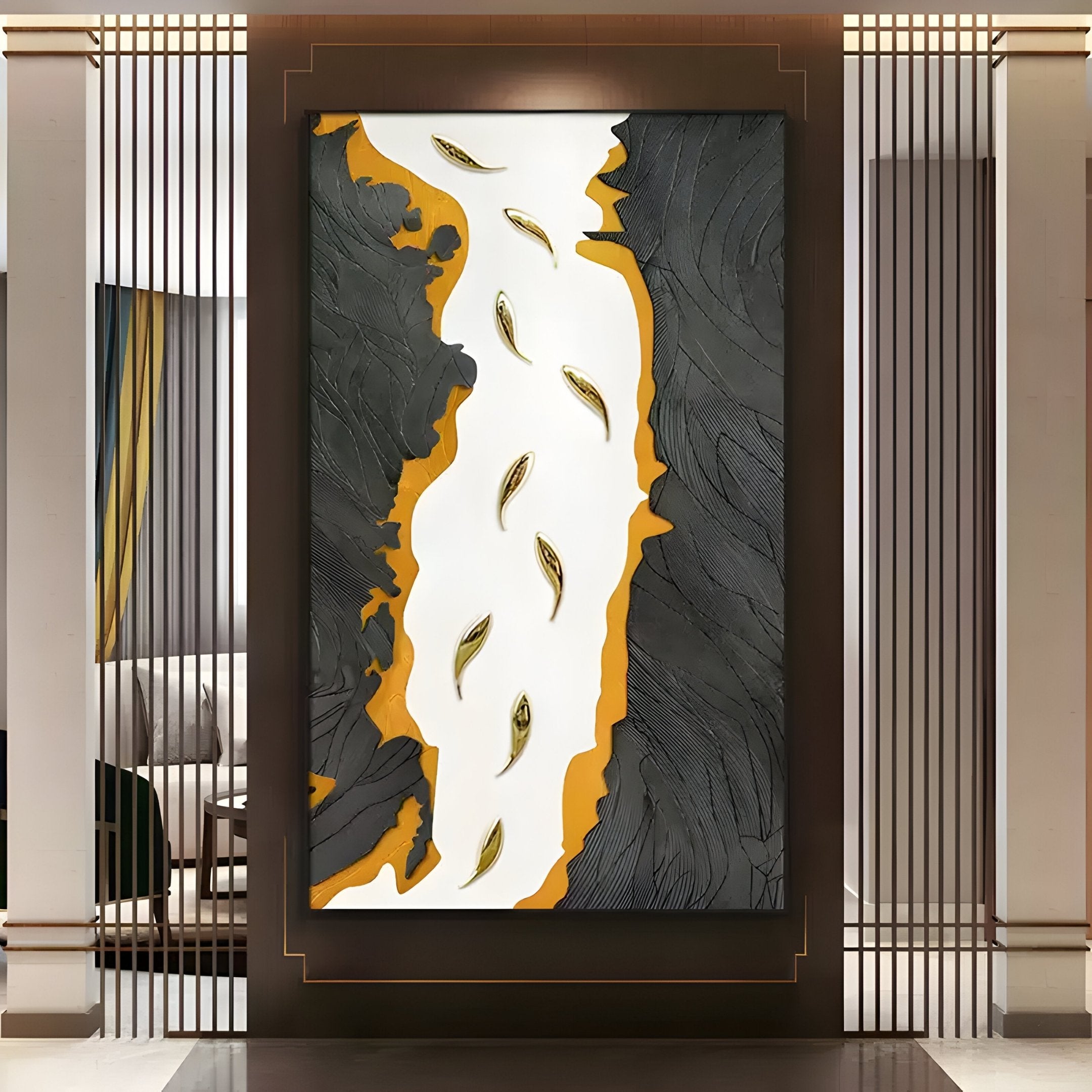 A large abstract painting, reminiscent of Giant Sculptures Prosper Black & Amber Metallic Fish 3D Relief Wall Art, features a central white vertical section with eye-like designs, textured black and golden-orange areas, and is framed with modern vertical metal slats.