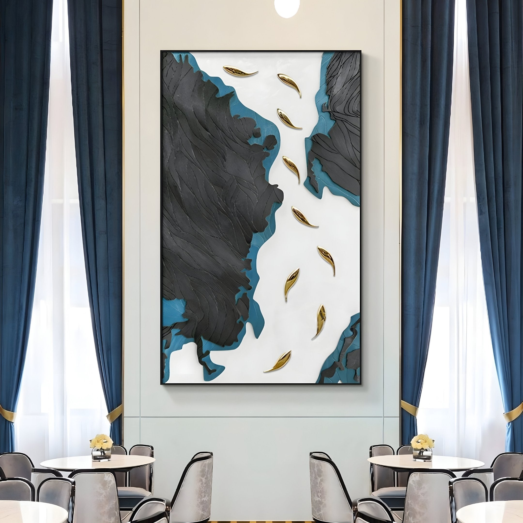 The Prosper Black & Blue Metallic Fish 3D Relief Wall Art by Giant Sculptures, featuring dark, jagged shapes like a flowing river with golden leaves on a white background, is mounted between blue curtains in an elegantly contemporary dining room.