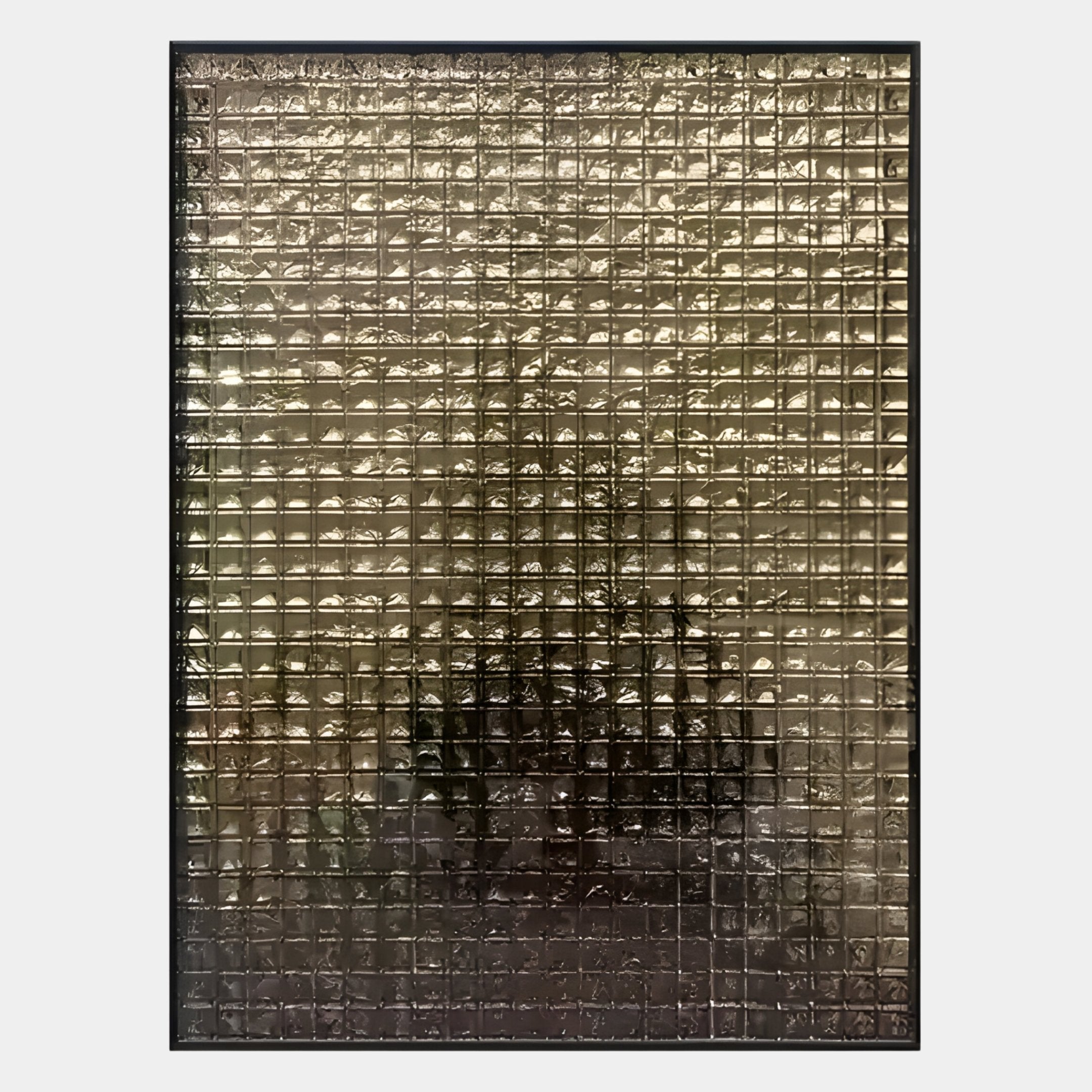 The Synova Gold I Hand-Painted Wood Relief 3D Wall Art by Giant Sculptures features abstract, dark shapes and striking depth, adding intrigue to any space—much like a rectangular glass block window with a grid pattern reflecting light.