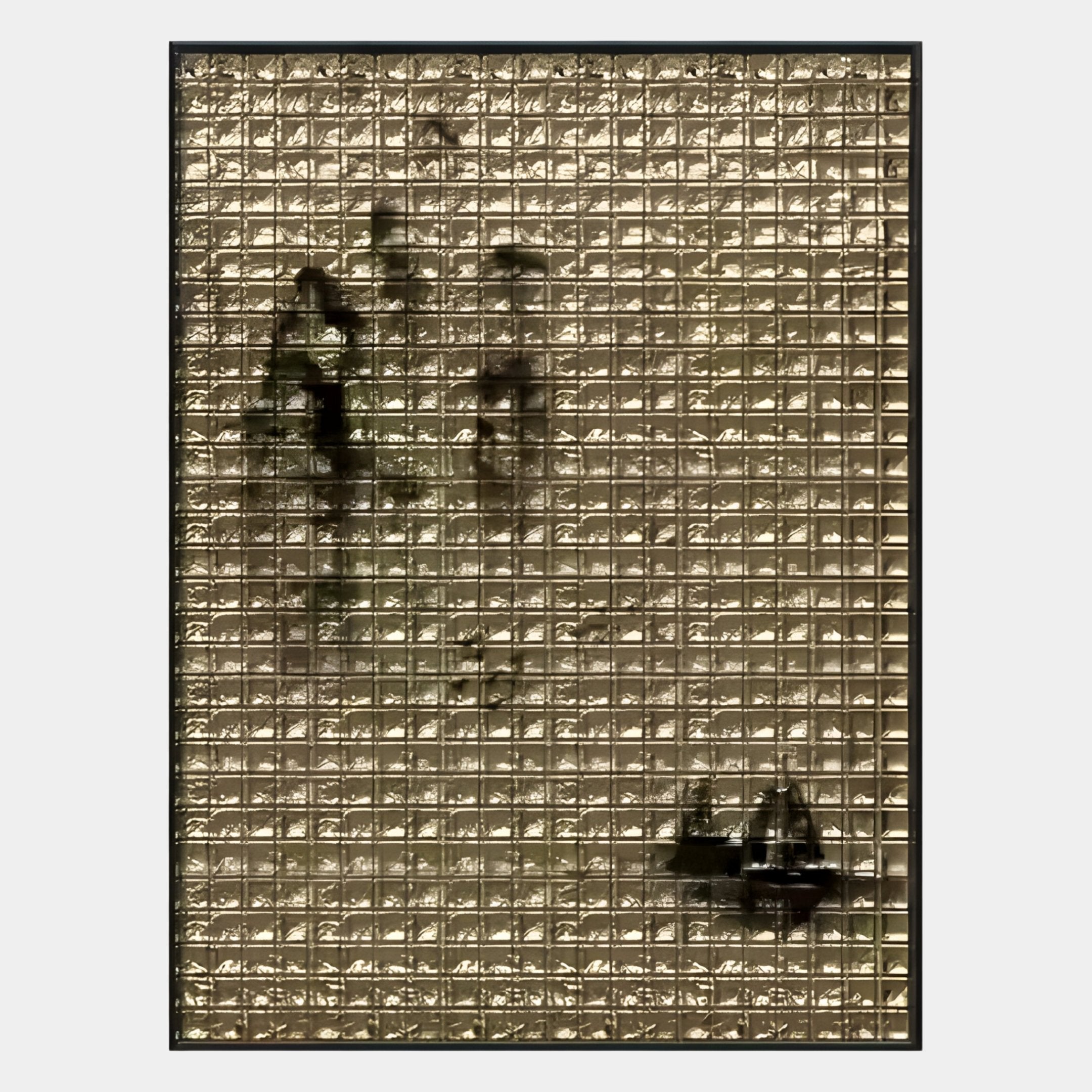 The Synova Gold II Hand-Painted Wood Relief 3D Wall Art by Giant Sculptures features a grid of reflective gold squares with dark brushwork-inspired accents for a Zen-like, textured effect.
