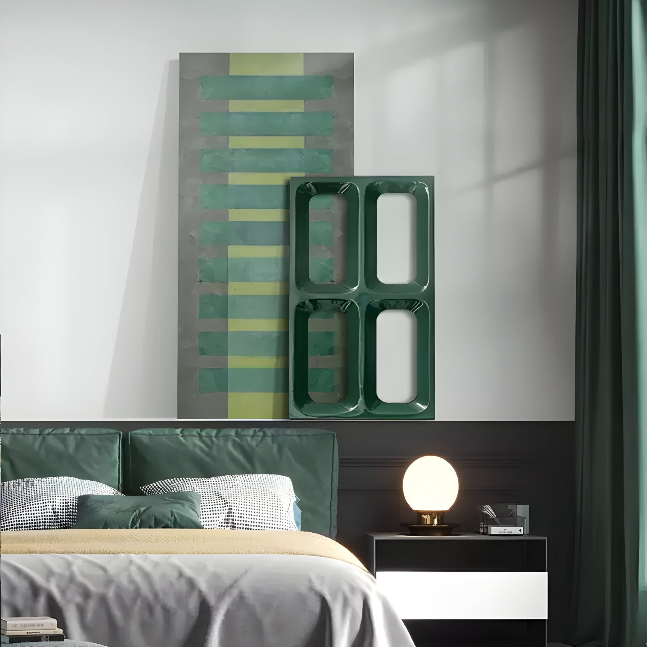 The modern bedroom includes a green leather bed, beige blanket, checked pillows, and a white nightstand with a spherical lamp. Giant Sculptures Lineris Green Oil Painting & 3D Wall Art adds flair to the walls. A green curtain partially covers the window.