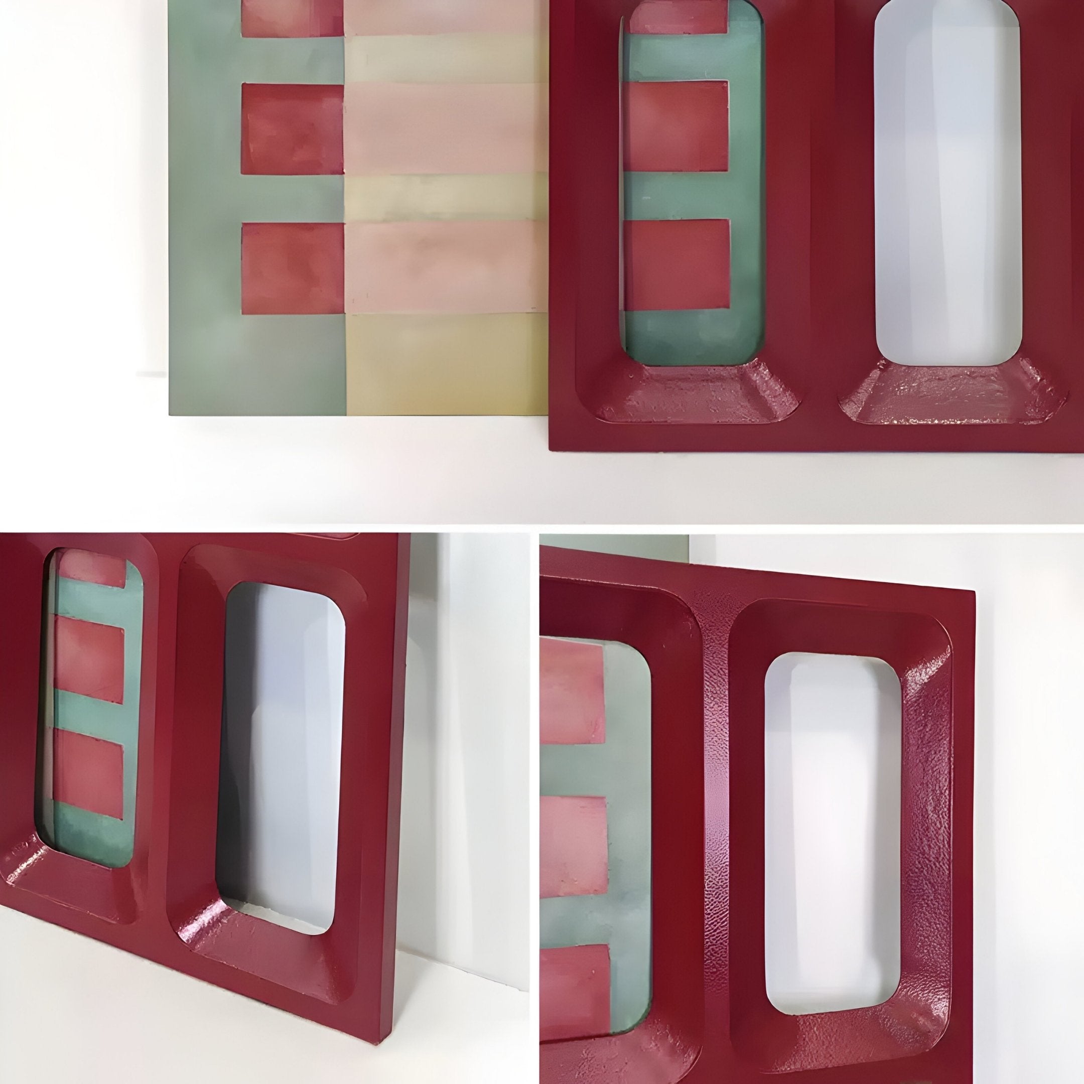 The Lineris Red Oil Painting & Glossy Wood Relief 3D Wall Art by Giant Sculptures showcases an abstract composition of rectangles in soft green and pink, alongside bold Lineris Red shapes with cut-out sections. Close-up angles highlight the texture and vibrant interplay of colors, enhancing its 3D allure.