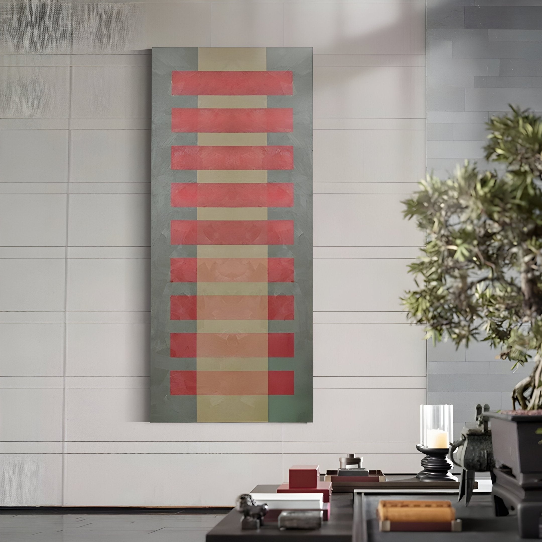 The Lineris Red & Beige Layered Abstract Oil Painting by Giant Sculptures, featuring horizontal red bars on a gray and beige background, adorns a textured wall. A potted plant and decor items on a nearby table enhance the light-luxury look of this modern indoor space.