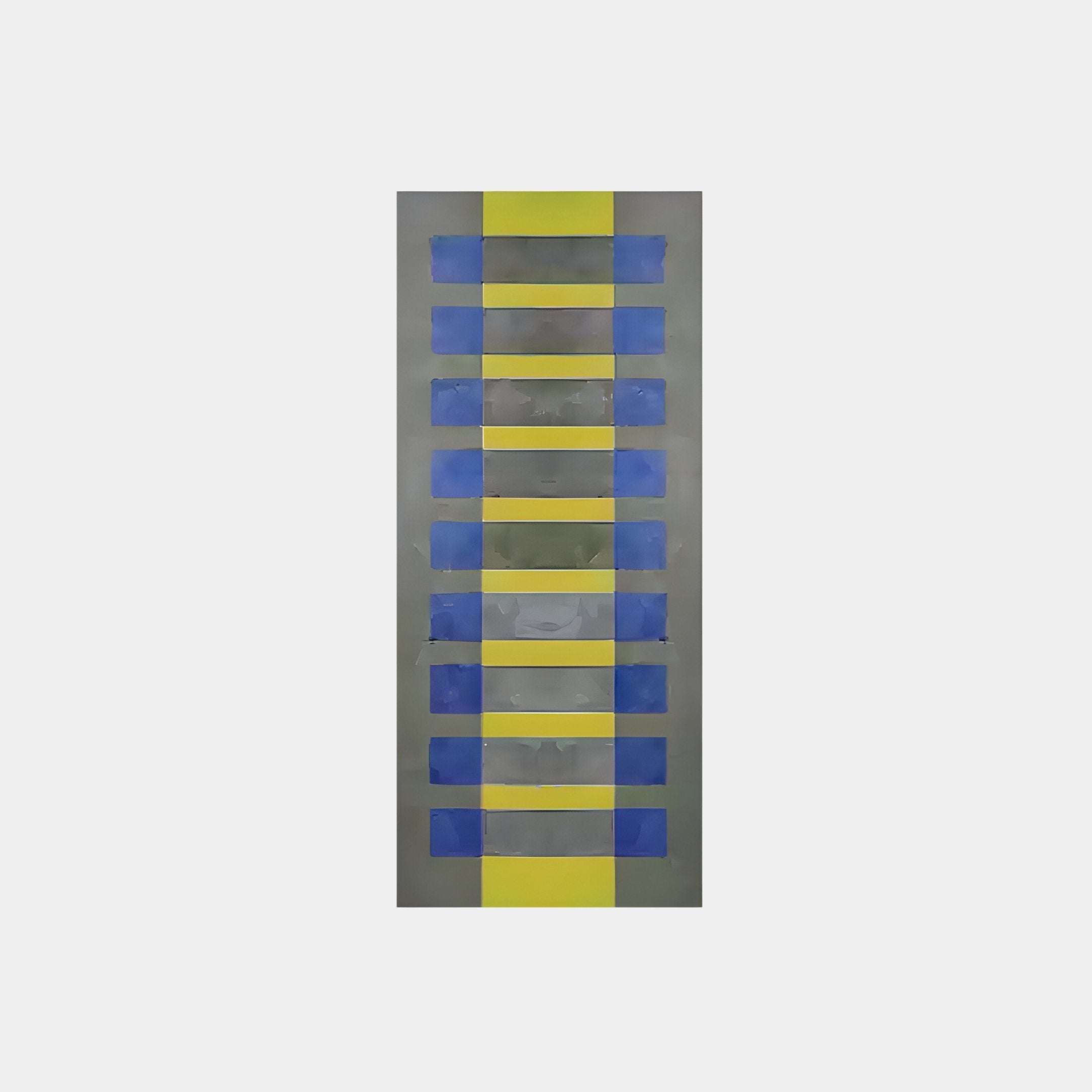 The Lineris Blue & Yellow Layered Abstract Oil Painting by Giant Sculptures features alternating blue and yellow rectangles on a gray backdrop, creating a modern geometric pattern with light-luxury aesthetics.