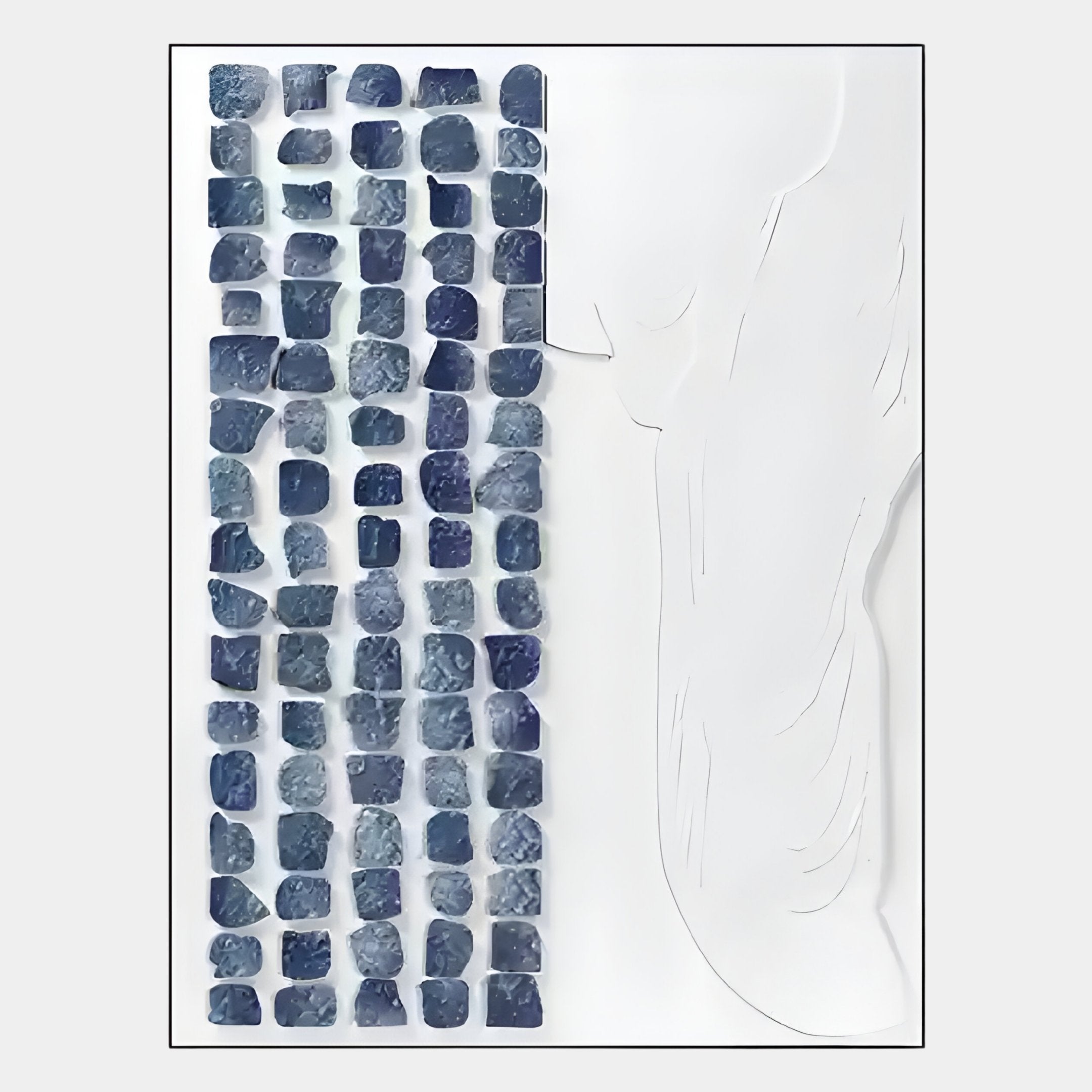 A grid of small, irregular blue stones suggests the Aestilis Blue & White Mosaic Wood Carving 3D Wall Art by Giant Sculptures on the left, with subtle embossed human features adding Wabi-Sabi character to the white backgrounds right side.