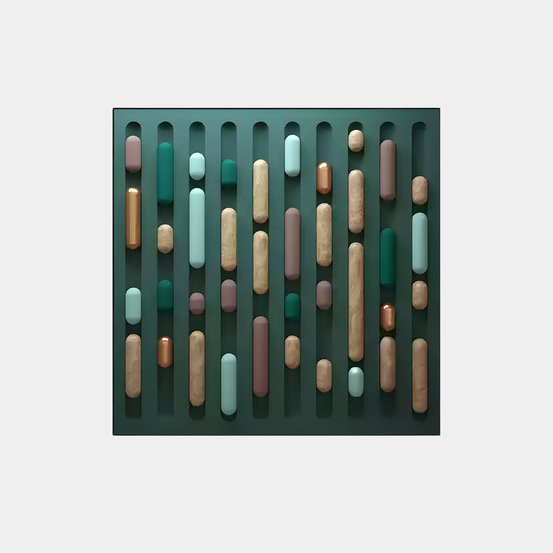 The Formexa Capsule Geometric Wood Relief 3D Wall Art by Giant Sculptures features vertical slots with green, brown, bronze, and pastel capsules. Ideal for Nordic interiors, it enhances spaces with its geometric wood relief on a dark green backdrop.