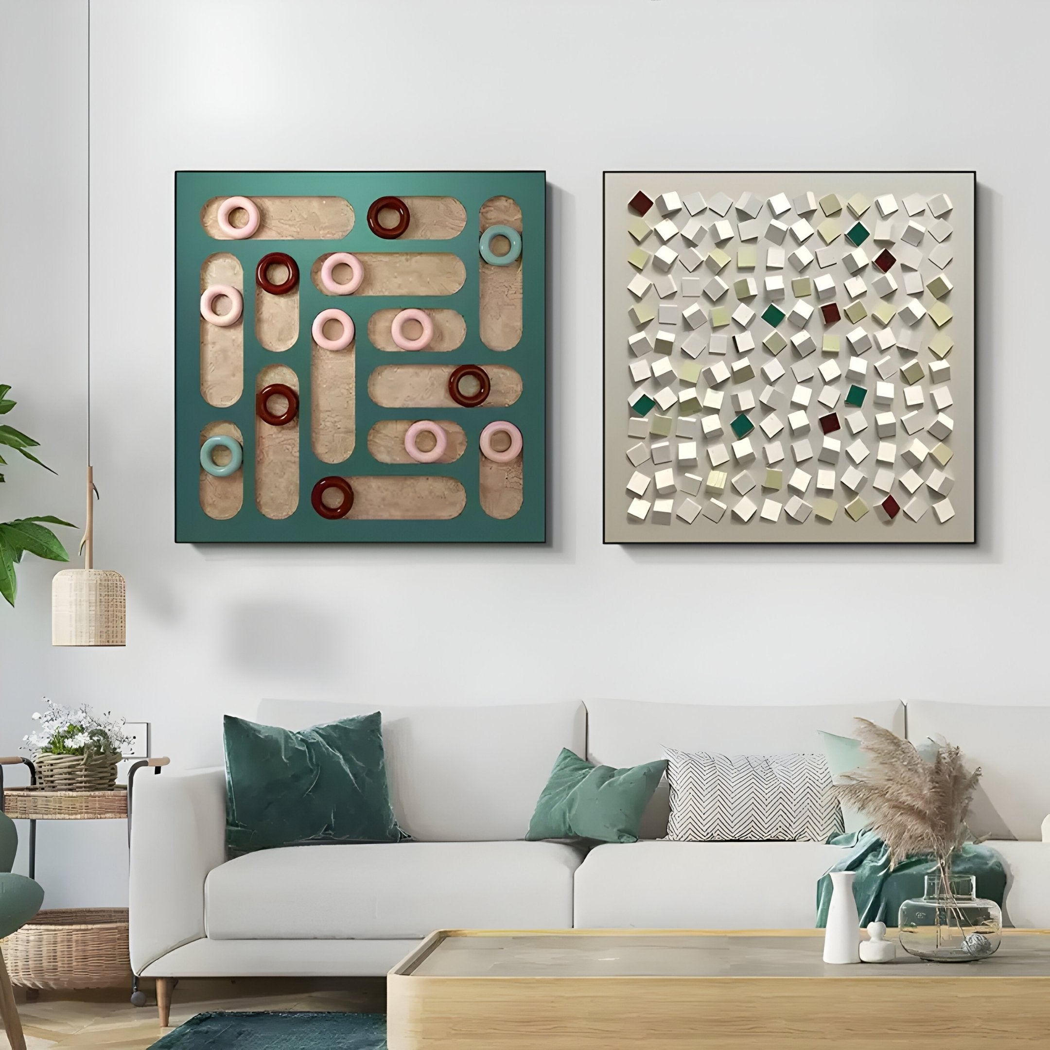 A Nordic-inspired living room boasts a white sofa, green and gray cushions, and a wooden coffee table. Two vibrant Giant Sculptures Formexa Ring Geometric Wood Relief 3D Wall Art pieces enhance the space. A cozy atmosphere is created with a hanging lamp and lush plants.