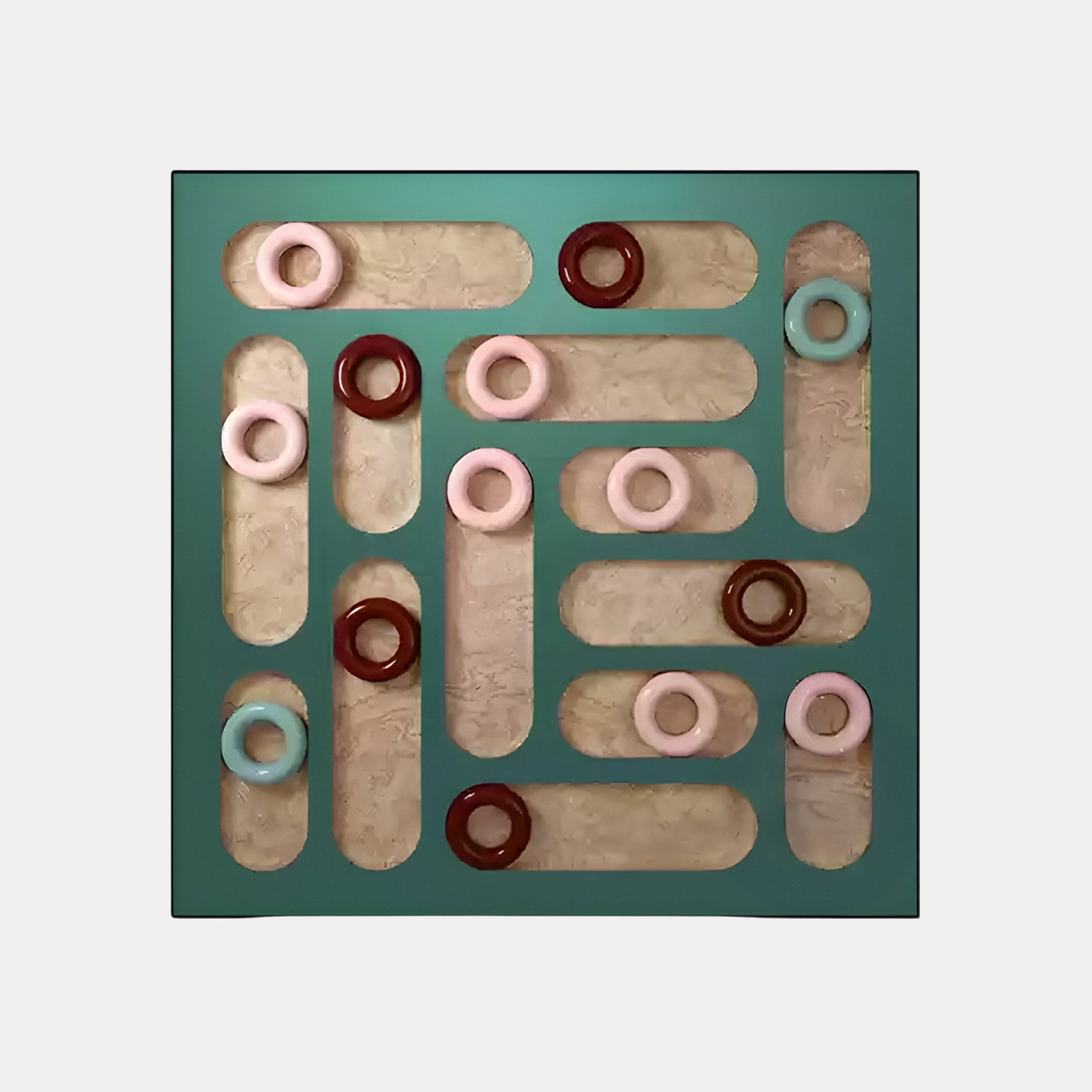 The Formexa Ring Geometric Wood Relief 3D Wall Art by Giant Sculptures features a Nordic design with a geometric square grid, turquoise borders, and beige backgrounds. It includes pink, red, and teal circular rings within rounded rectangular cutouts for a balanced pattern.