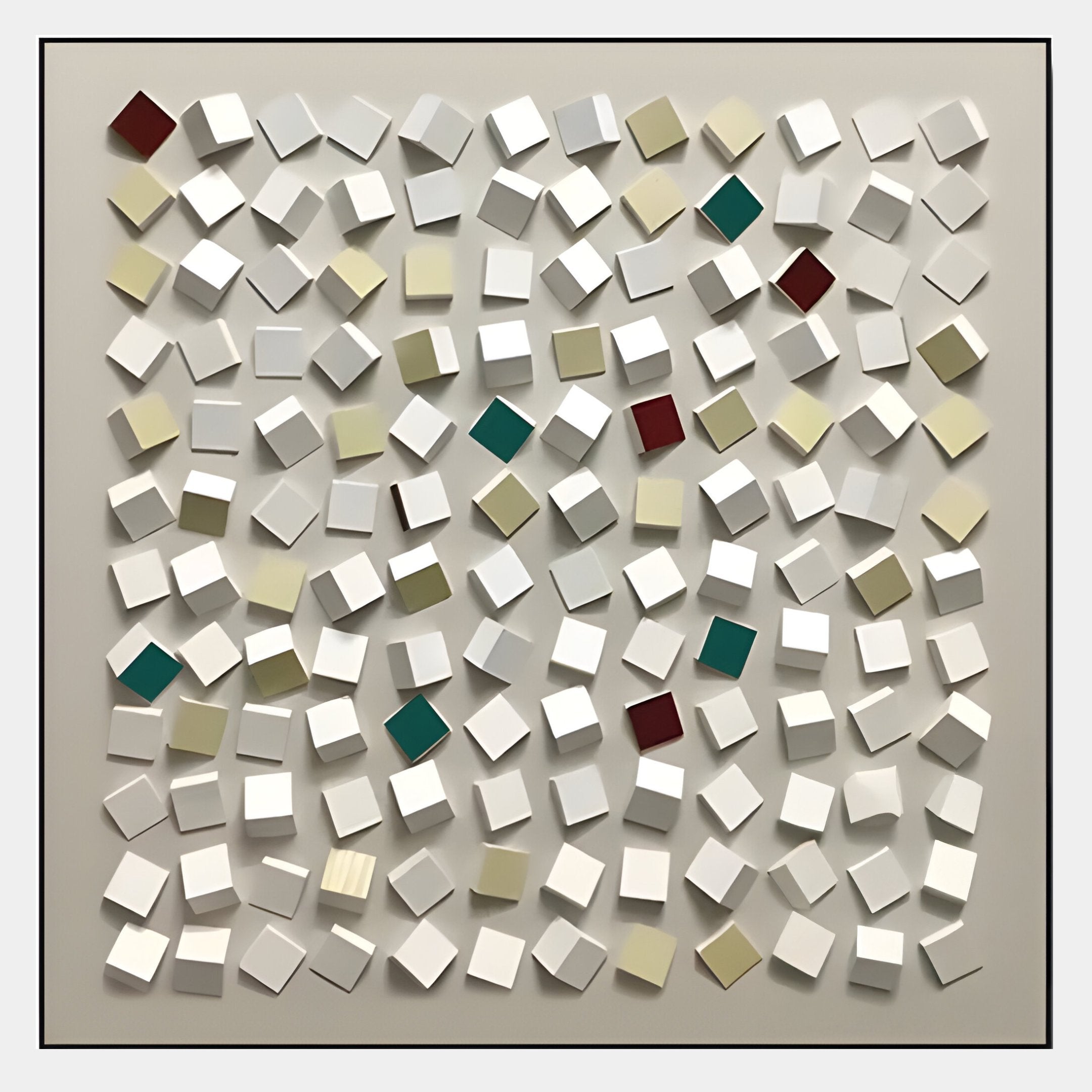 A grid of subtly raised, tilted squares in white, beige, green, teal, and red forms a Nordic Simplicity-inspired design—perfect as the Formexa Cube Geometric Wood Relief 3D Wall Art by Giant Sculptures on a light background.