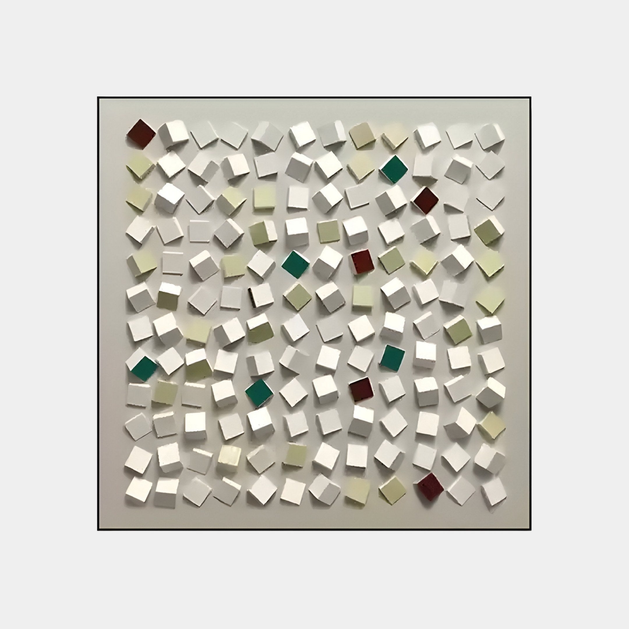 The Formexa Cube Geometric Wood Relief 3D Wall Art by Giant Sculptures epitomizes Nordic simplicity with numerous small, tilted squares in white, red, green, and beige on a neutral background. It features a textured, scattered effect within a clear border and is framed in black for modern elegance.