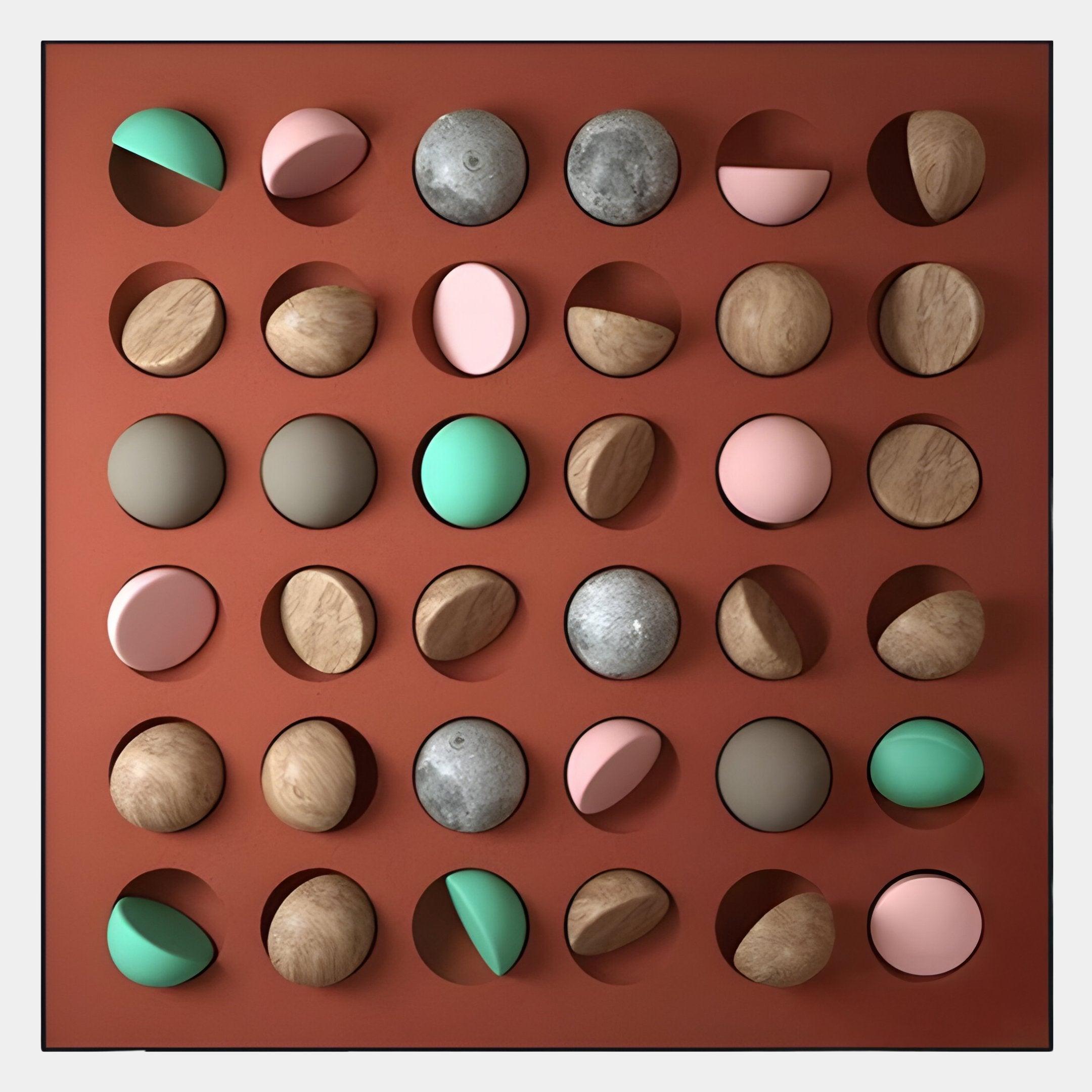 The Formexa Sphere Geometric Wood Relief 3D Wall Art by Giant Sculptures displays Nordic-inspired circles in wood, concrete, teal, pink, and brown textures on a rust background. Some spheres are whole; others are split or recessed for a bold 3D effect.