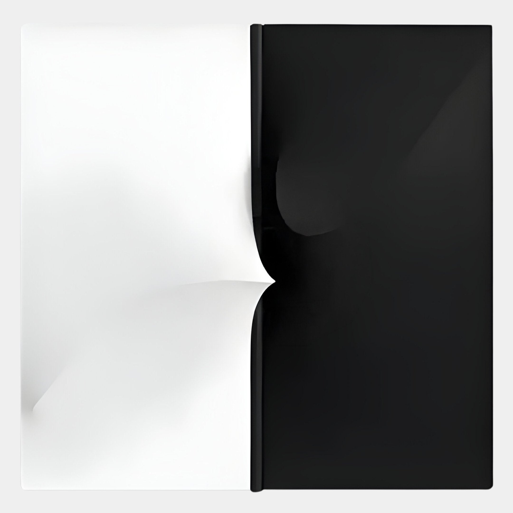 The Delinea Dual Contrast Black & White Fabric 3D Wood Relief Wall Art by Giant Sculptures features a vertically split design with curved, mirrored indentations—ideal for fans of minimalist Black & White art.